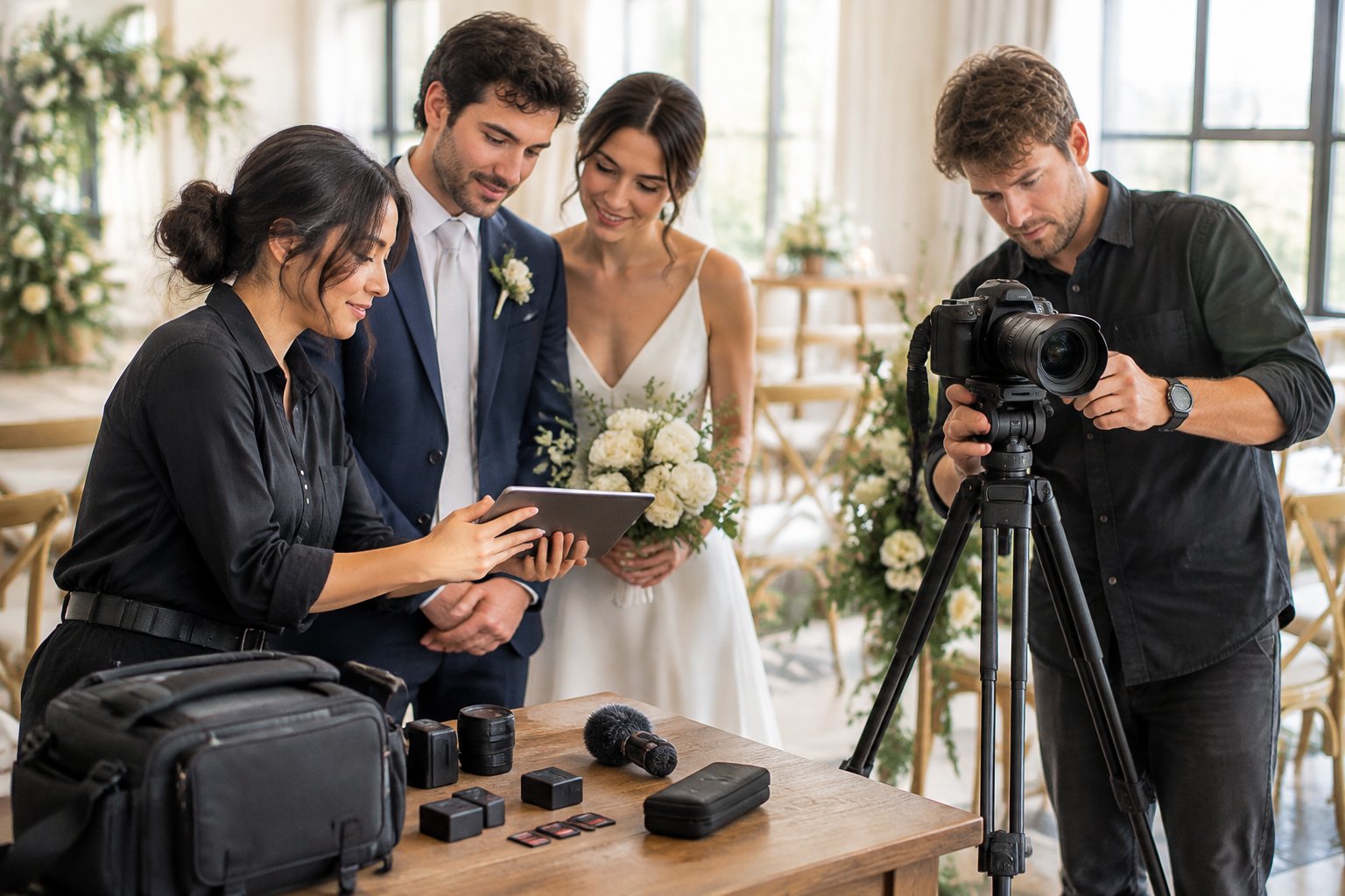 A couple and two helpers organize wedding video equipment and review a filming plan in a bright wedding venue.