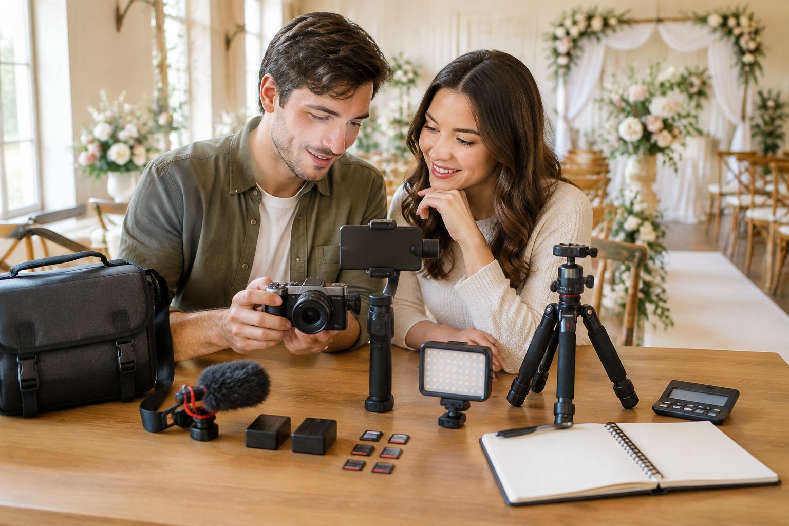 A couple compares essential video equipment for filming a wedding on a budget.