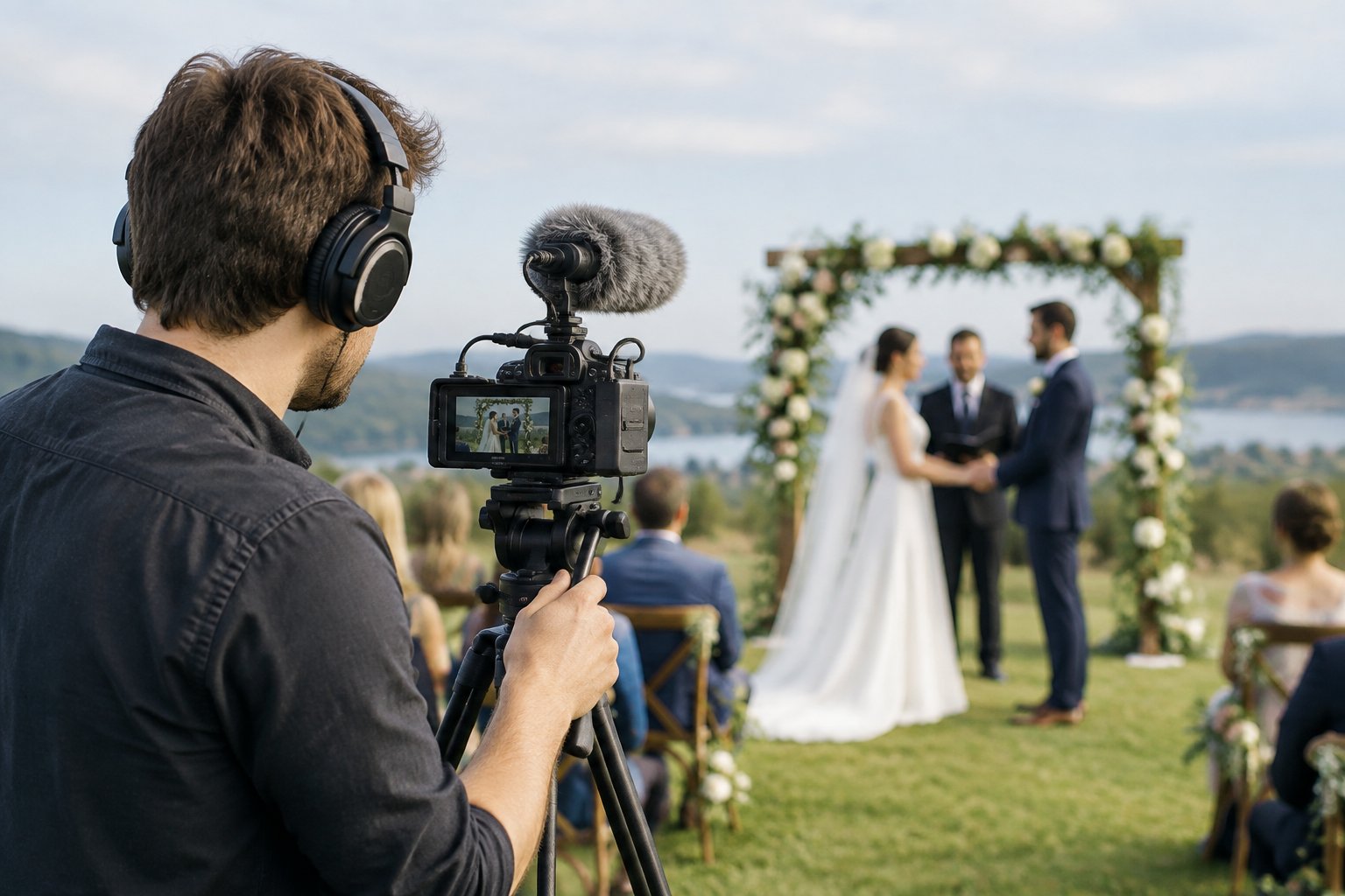 An amateur videographer monitors wedding ceremony audio while filming a couple exchanging vows outdoors.