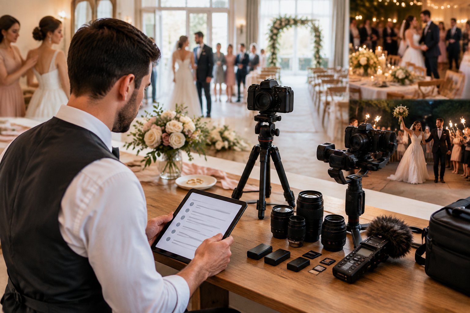 A wedding videographer prepares cameras and equipment while reviewing a planned sequence of wedding moments in a decorated venue.