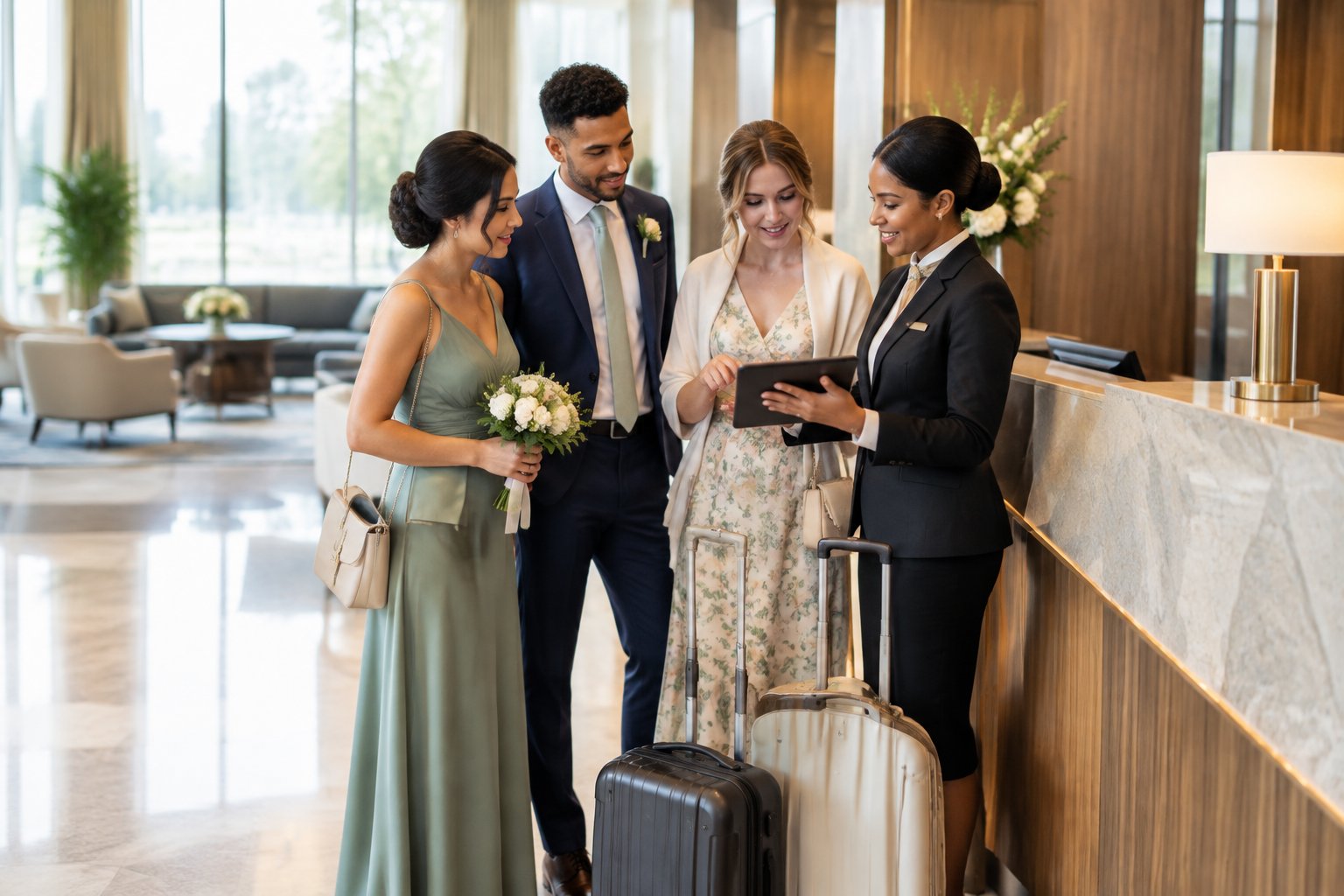 Wedding guests discuss hotel arrangements with a concierge in a hotel lobby.