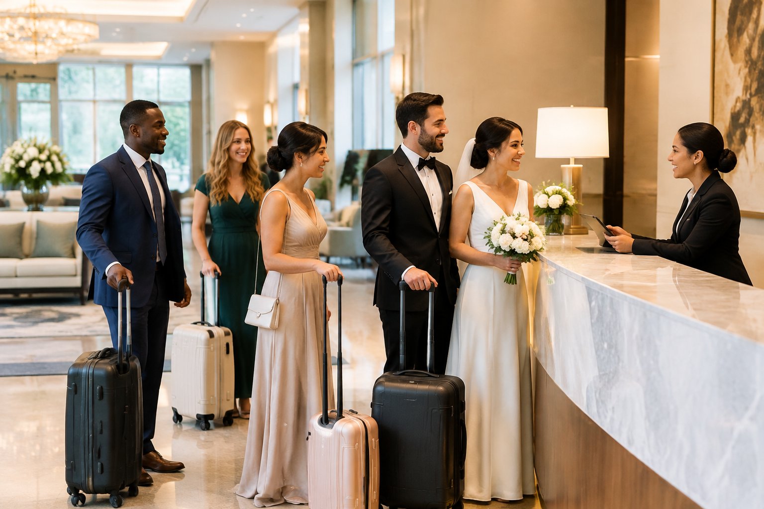 Wedding guests discuss a group hotel booking with a representative in an upscale lobby.