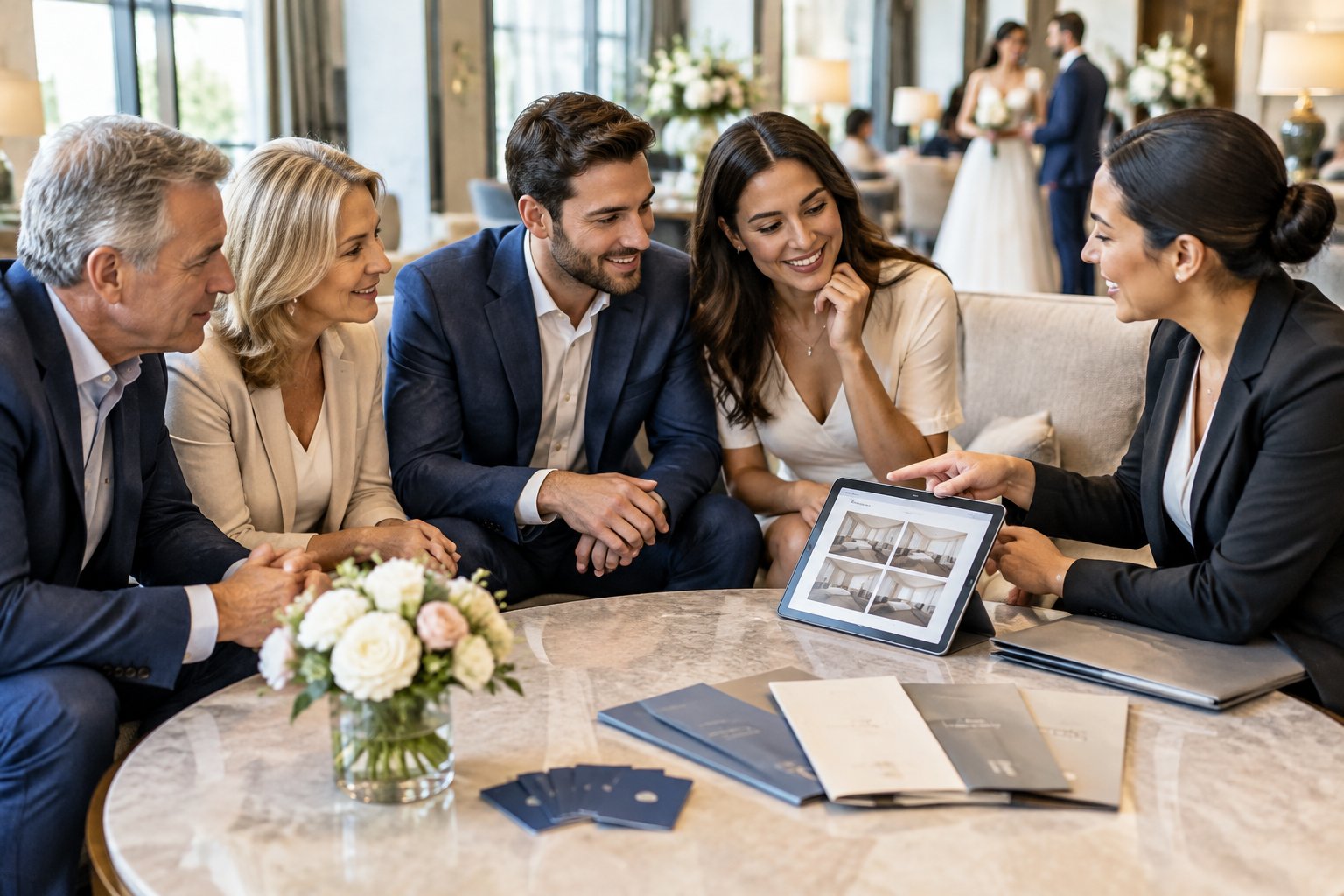 A couple and family members discuss hotel room options with a reservations specialist.