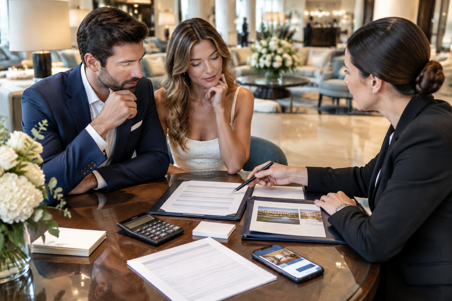 A couple reviews a hotel group reservation agreement with an events coordinator at a hotel table.