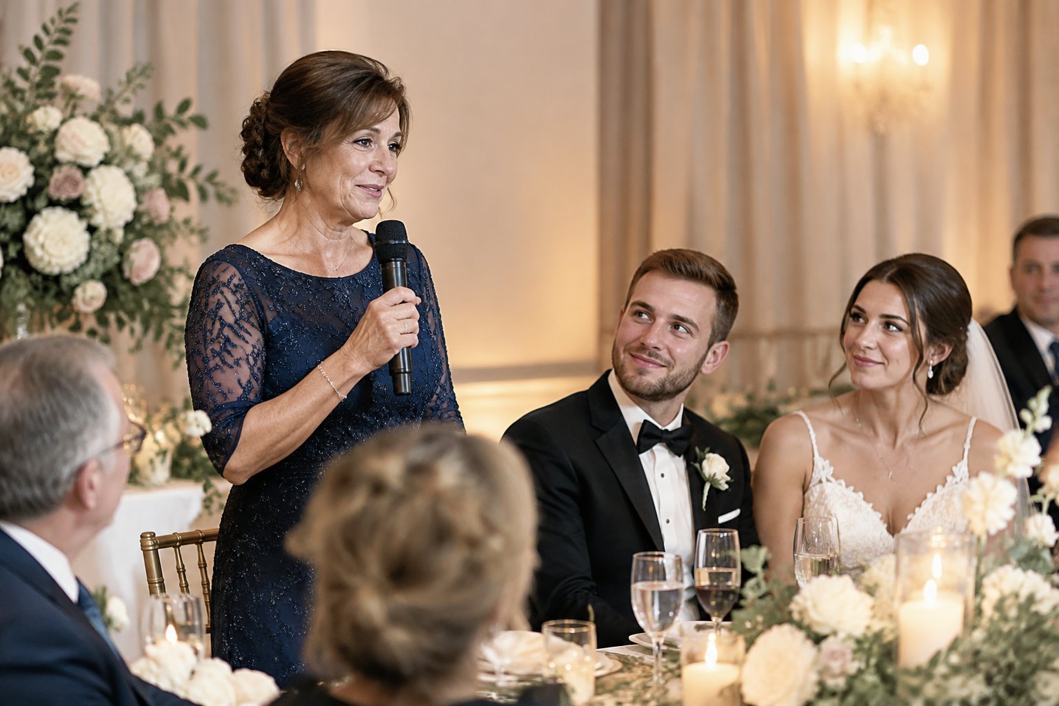 The groom’s mother gives a speech at a wedding reception while the bride, groom, and guests listen.