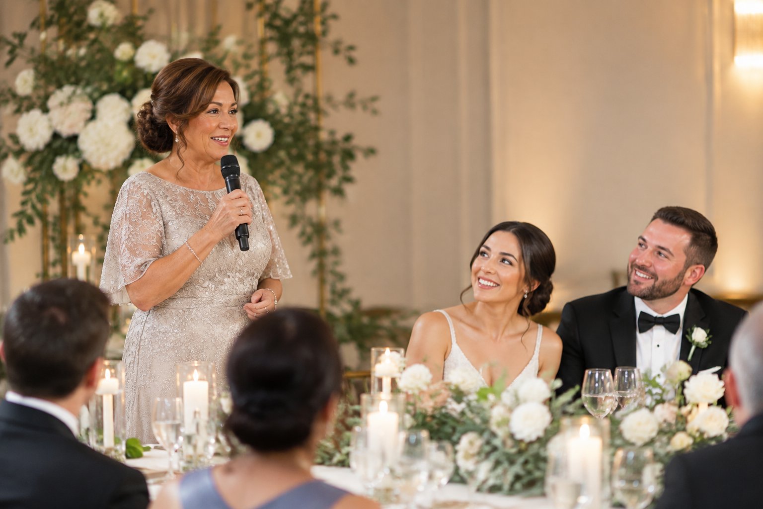 The groom’s mother gives a speech at a wedding reception while the couple and guests listen.