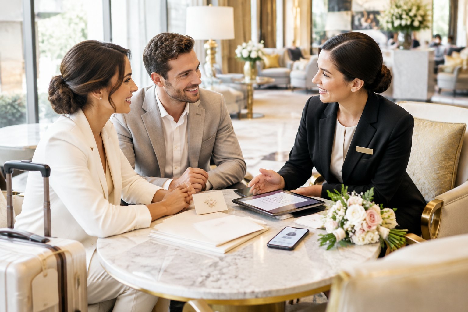 A hotel manager discusses wedding guest accommodations with a couple in an elegant hotel lobby.