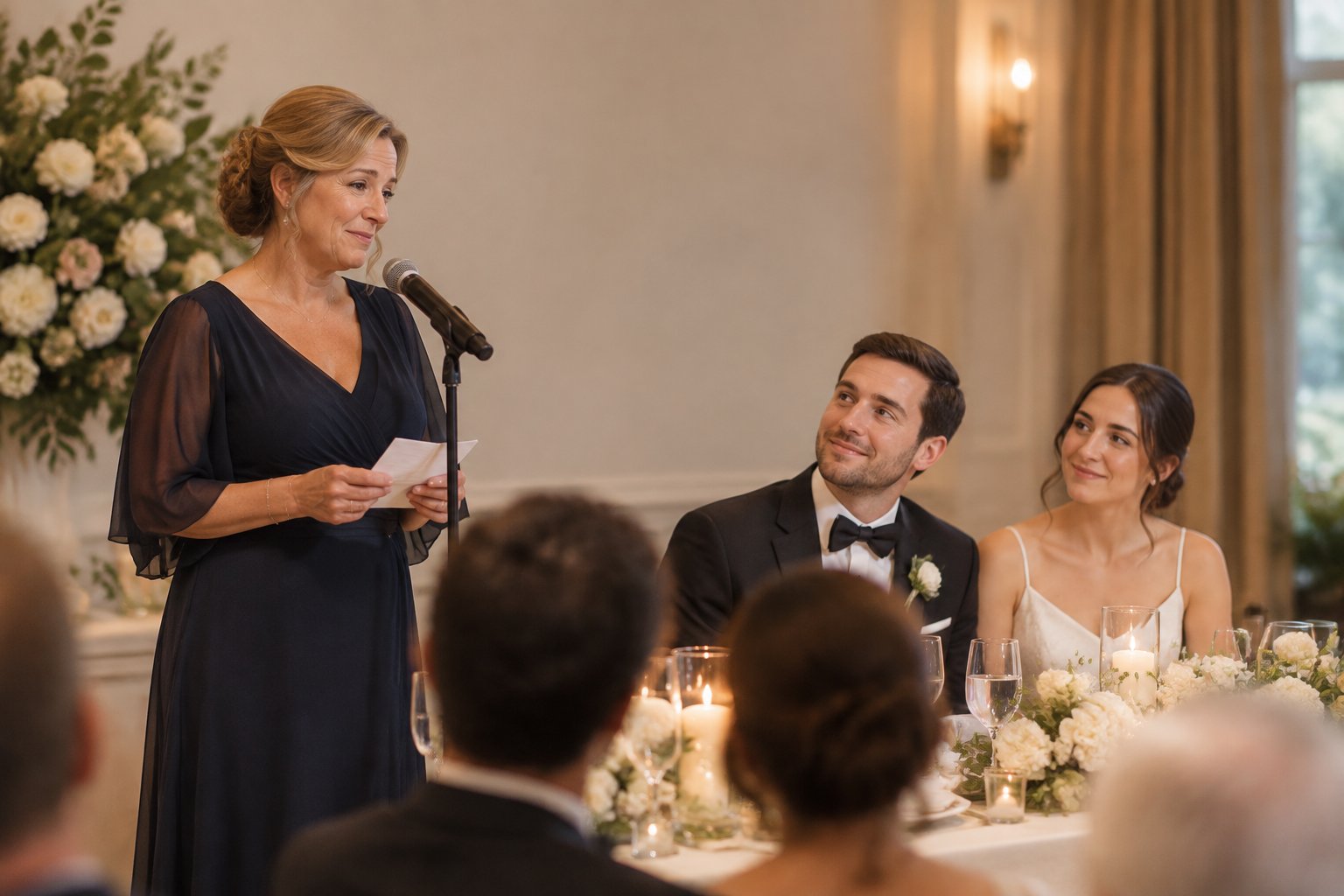 The groom’s mother gives a speech at a wedding reception while the couple listens nearby.