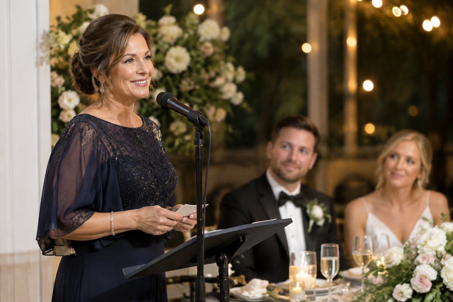 The groom’s mother stands at a wedding reception microphone while the bride and groom listen.