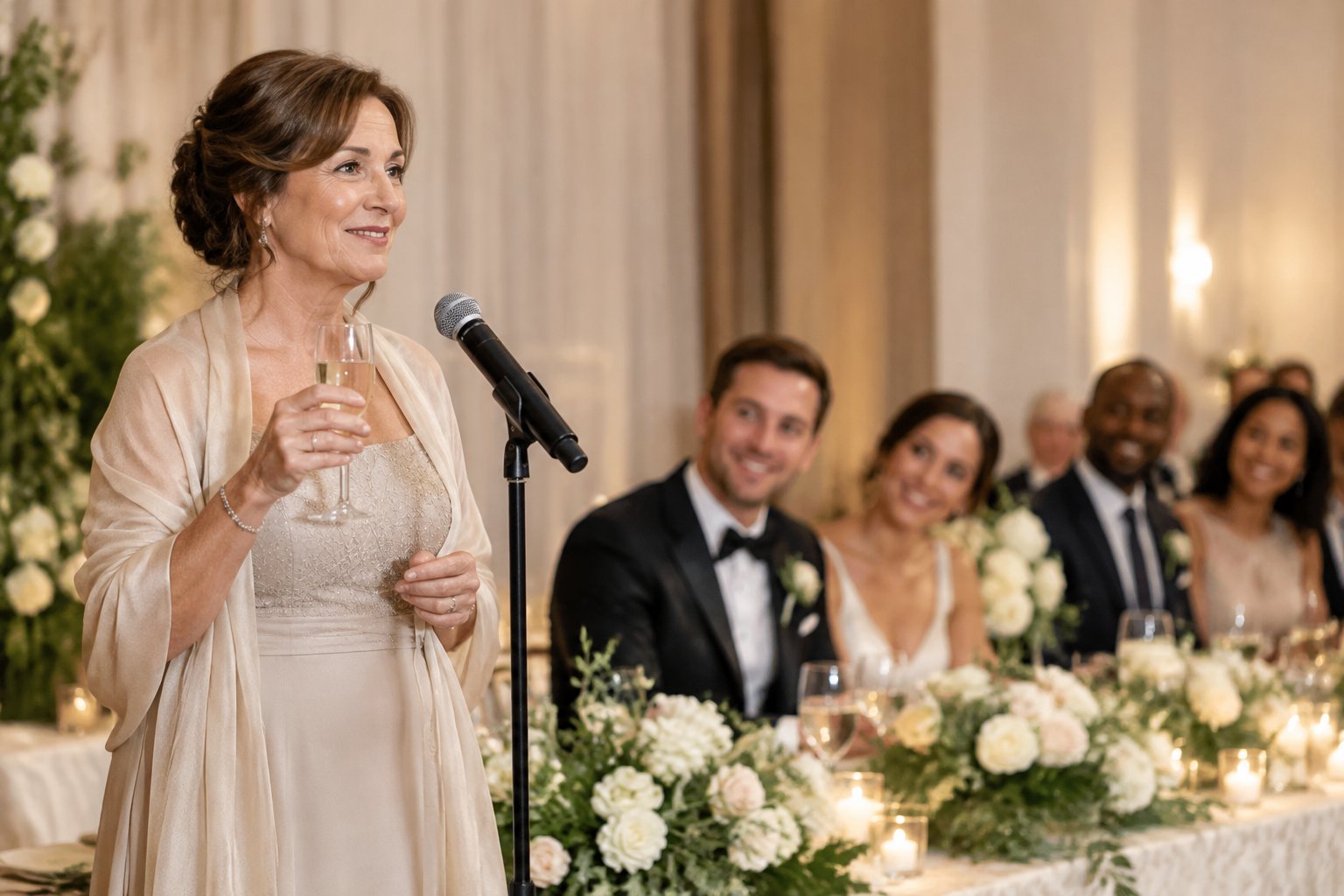 The mother of the groom gives a speech at a wedding reception while the couple and guests listen.