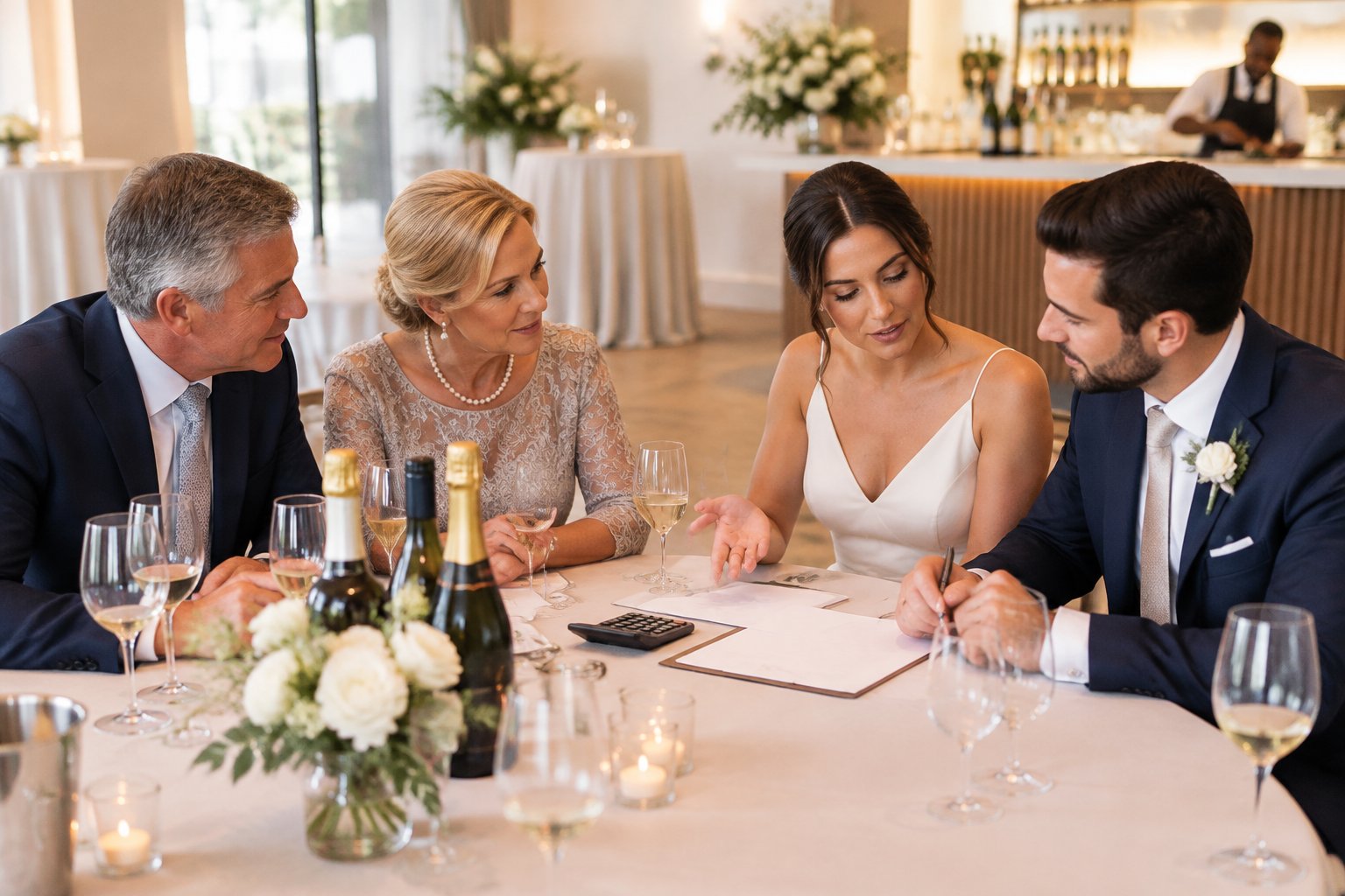 A couple discusses wedding alcohol expenses with the groom's parents at a reception table.