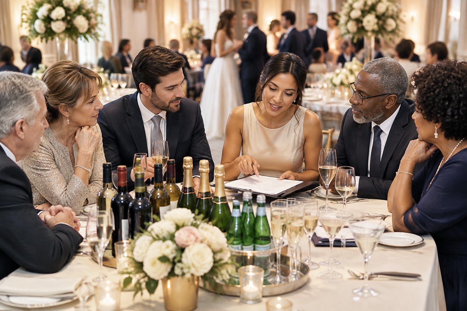 Families discuss wedding reception arrangements beside a selection of beverages.