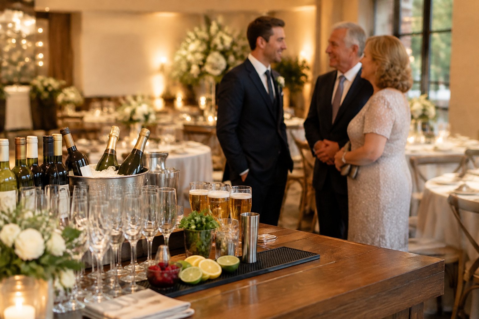 A groom speaks with his parents beside a well-stocked bar at a wedding reception.