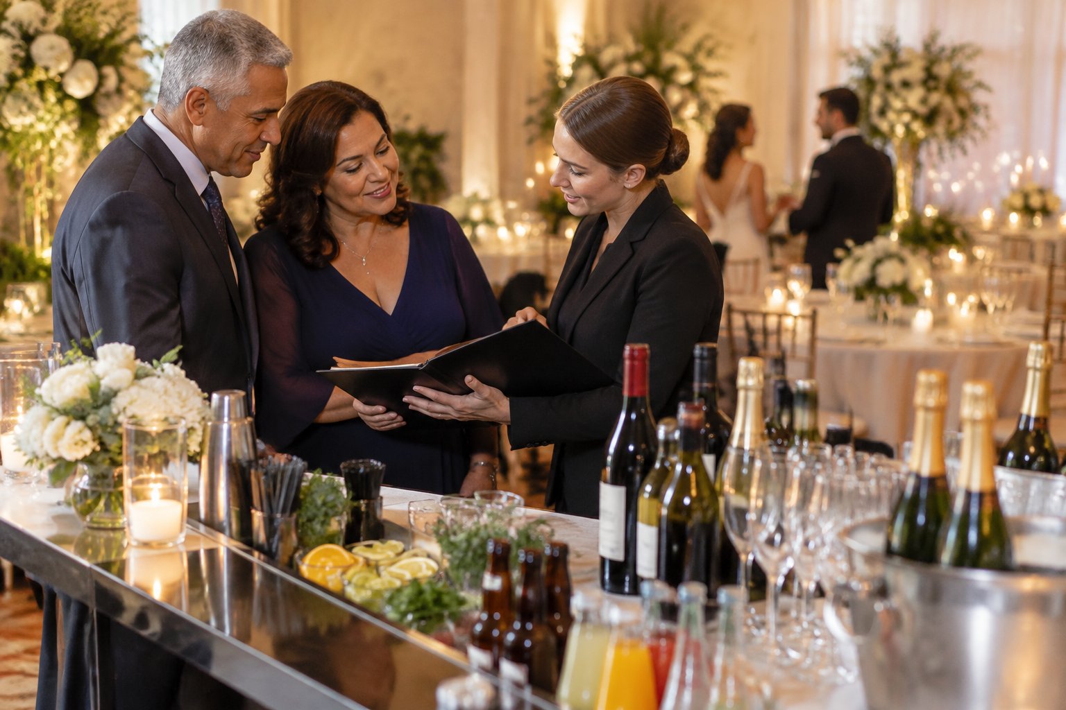 Wedding family members discuss the reception bar budget with a venue coordinator beside a stocked wedding bar.