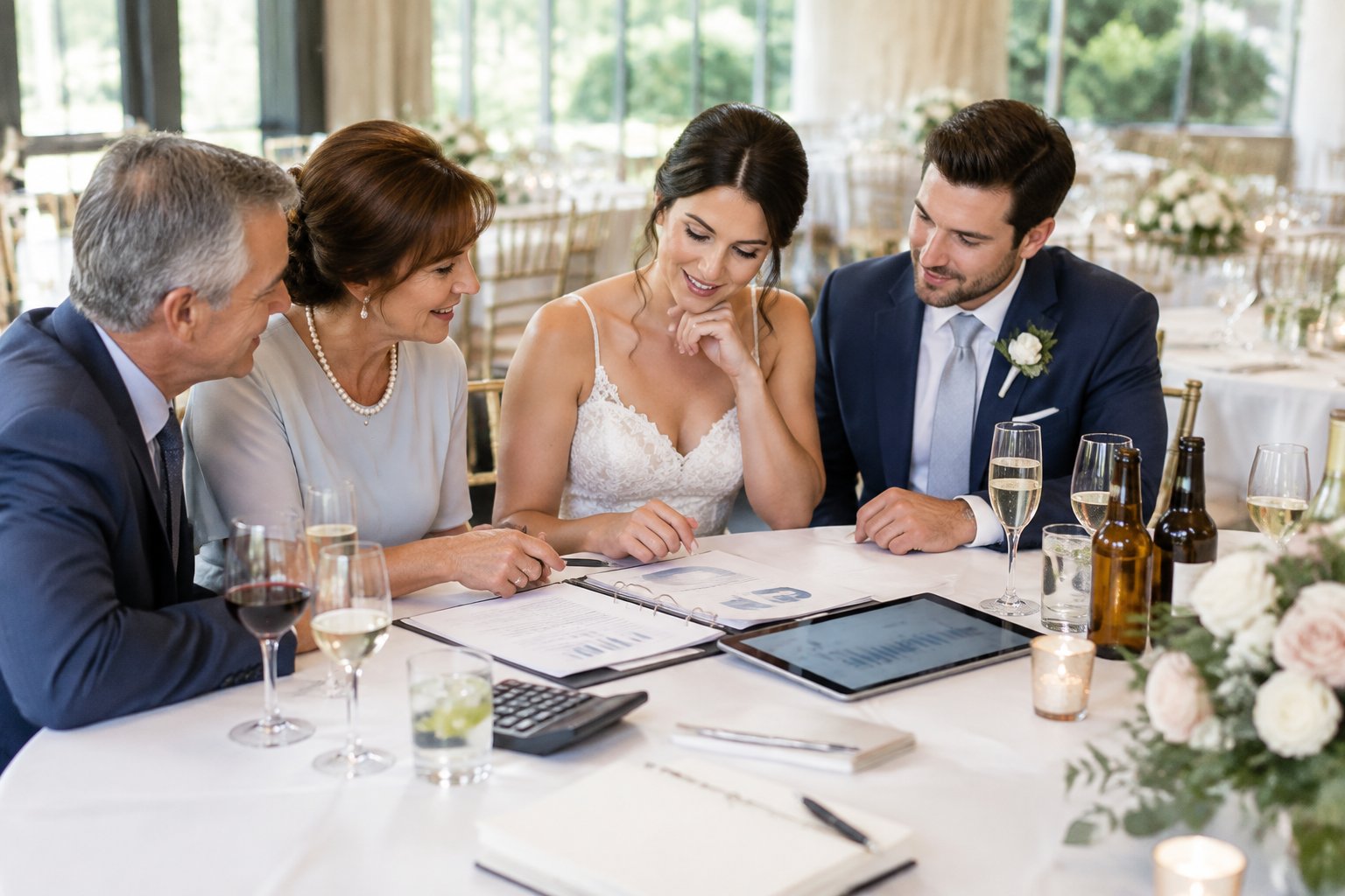 A couple and the groom's parents discuss a wedding reception beverage budget at a table with drinks and planning materials.