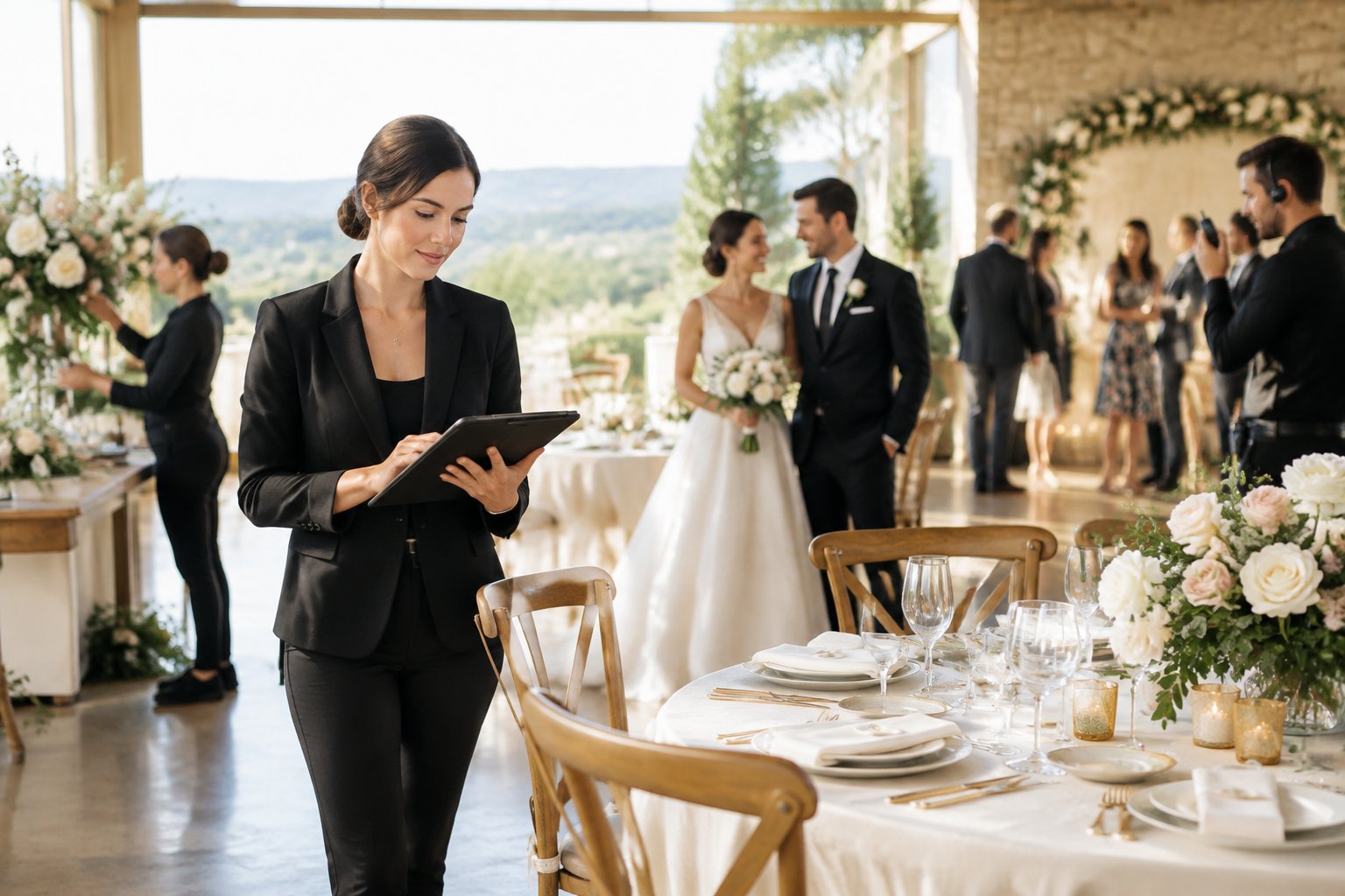 A wedding coordinator organizes a reception while the couple relaxes nearby.