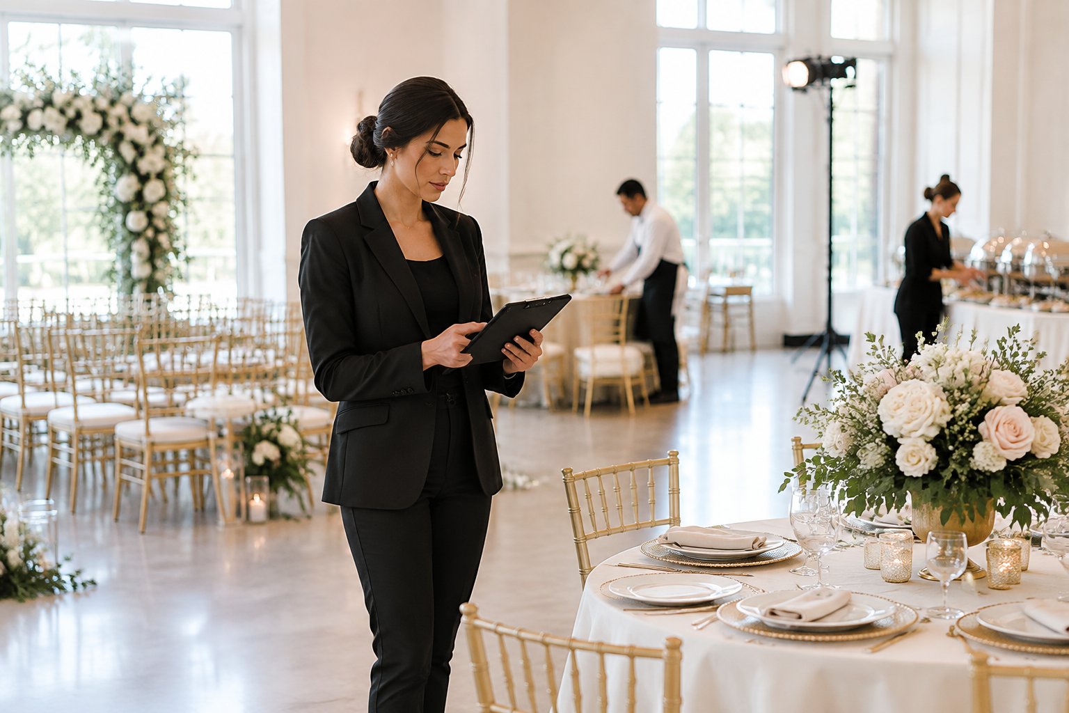 A wedding coordinator calmly oversees ceremony and reception preparations while vendors arrange the venue.
