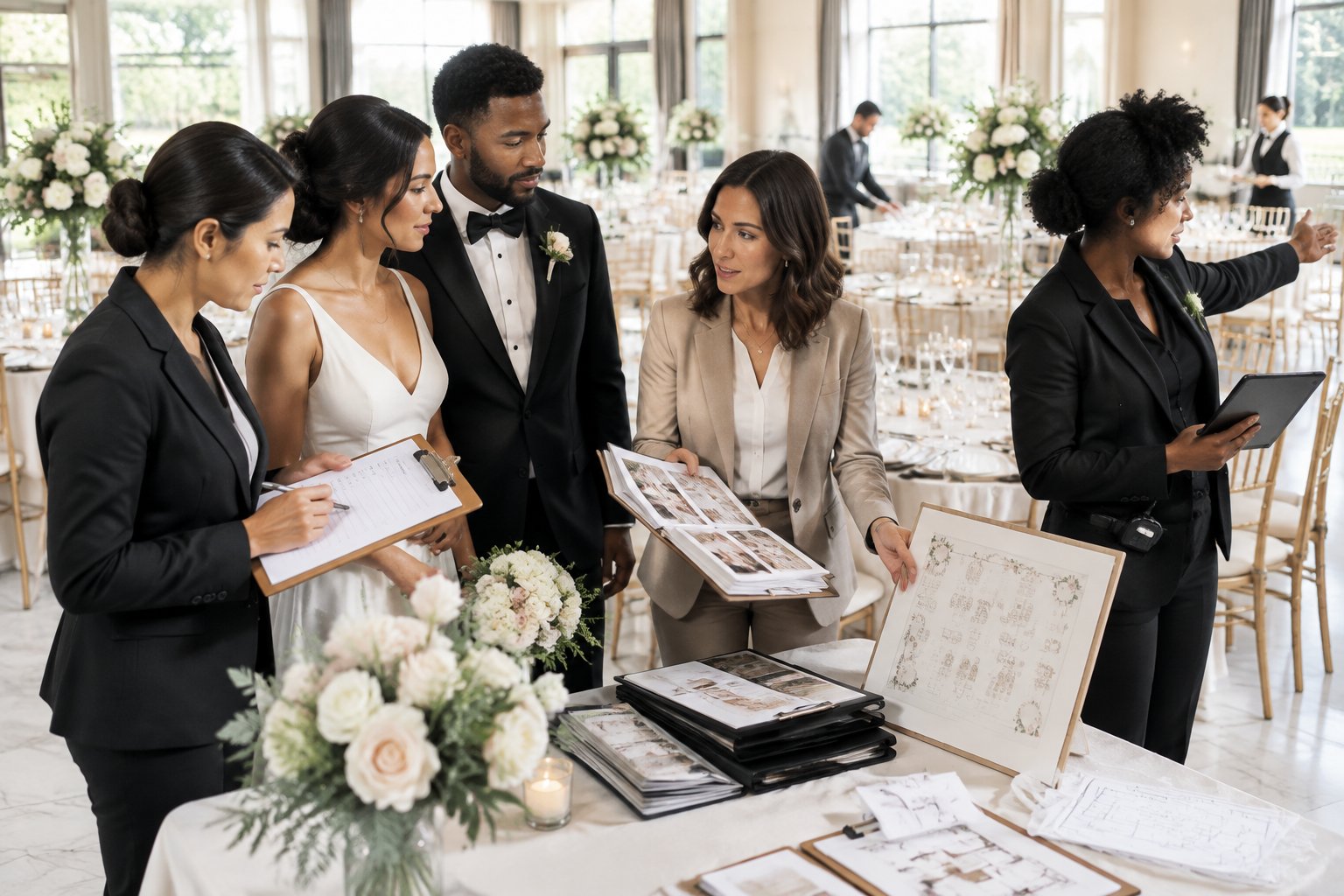 A couple discusses wedding-day plans with three coordinators in a decorated reception venue.