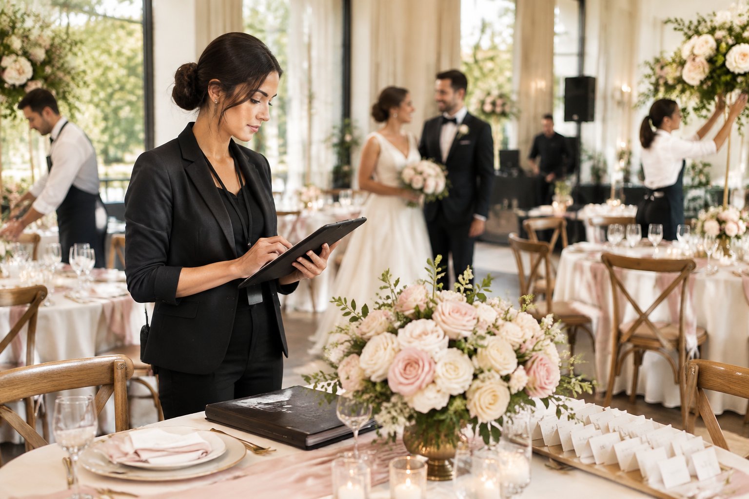 A wedding coordinator calmly manages reception preparations while the couple enjoys a relaxed moment nearby.