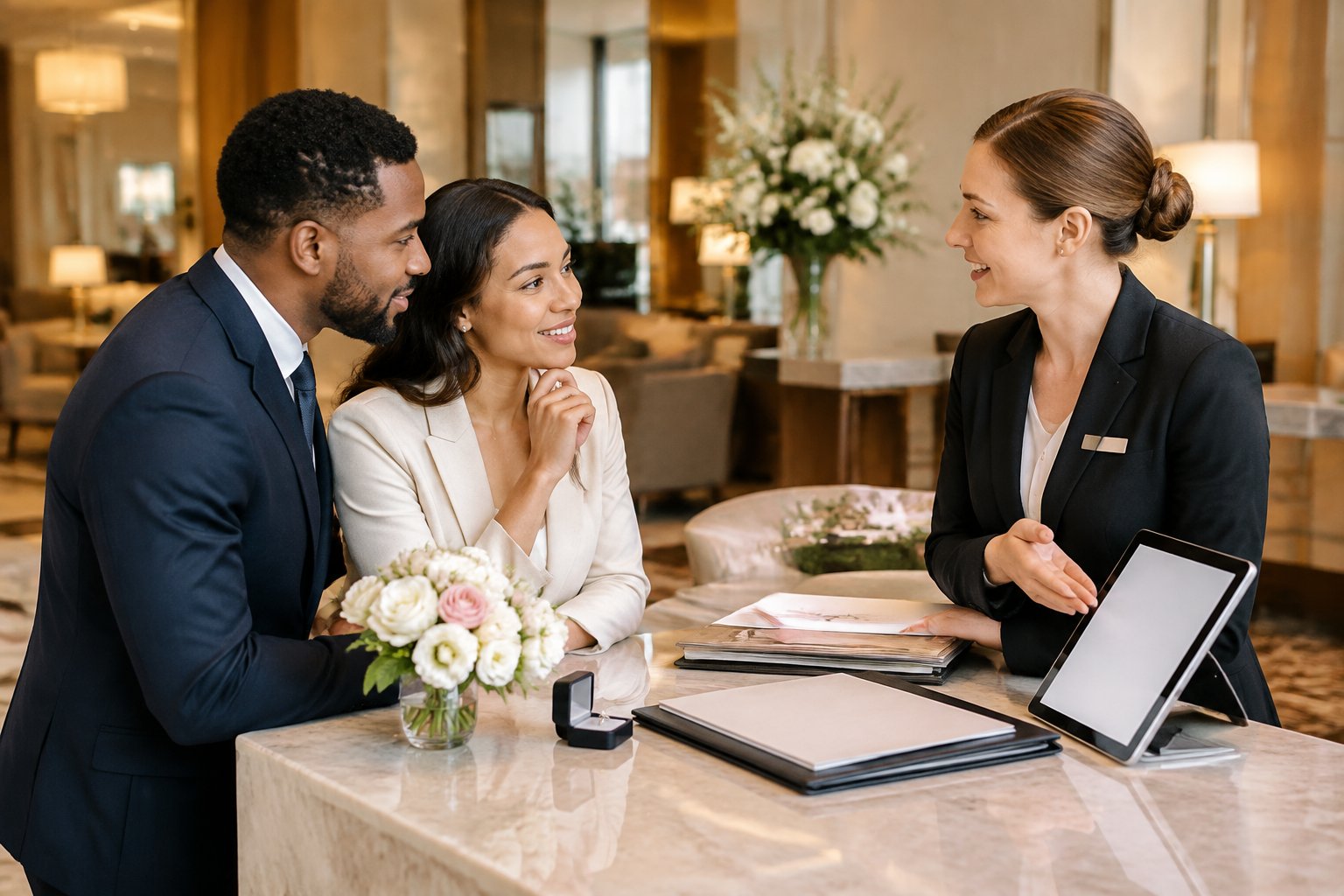 A couple planning wedding hotel room reservations with a hotel events coordinator in an elegant lobby.