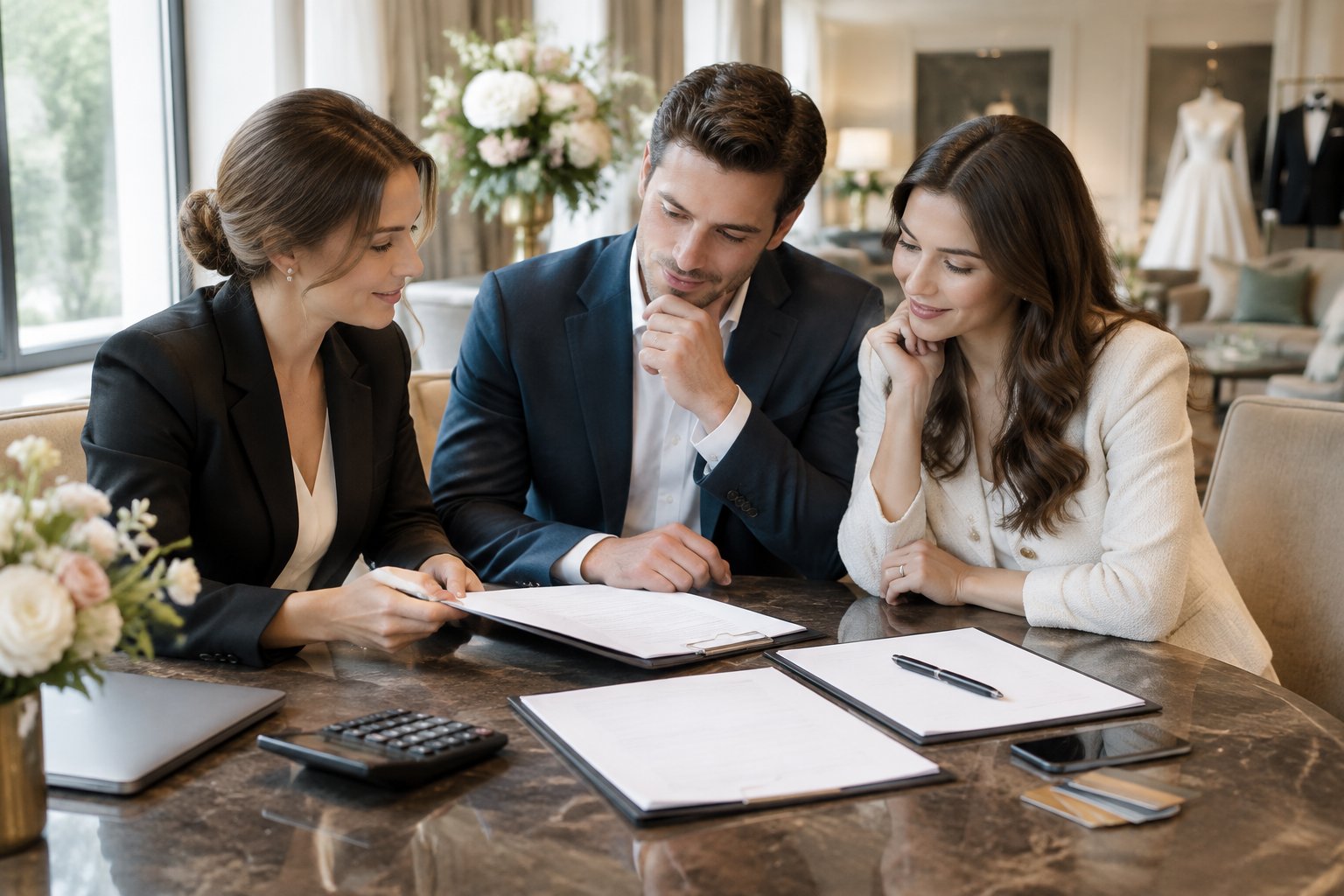 A couple and wedding planner review hotel reservation documents with a calculator in an elegant lounge.