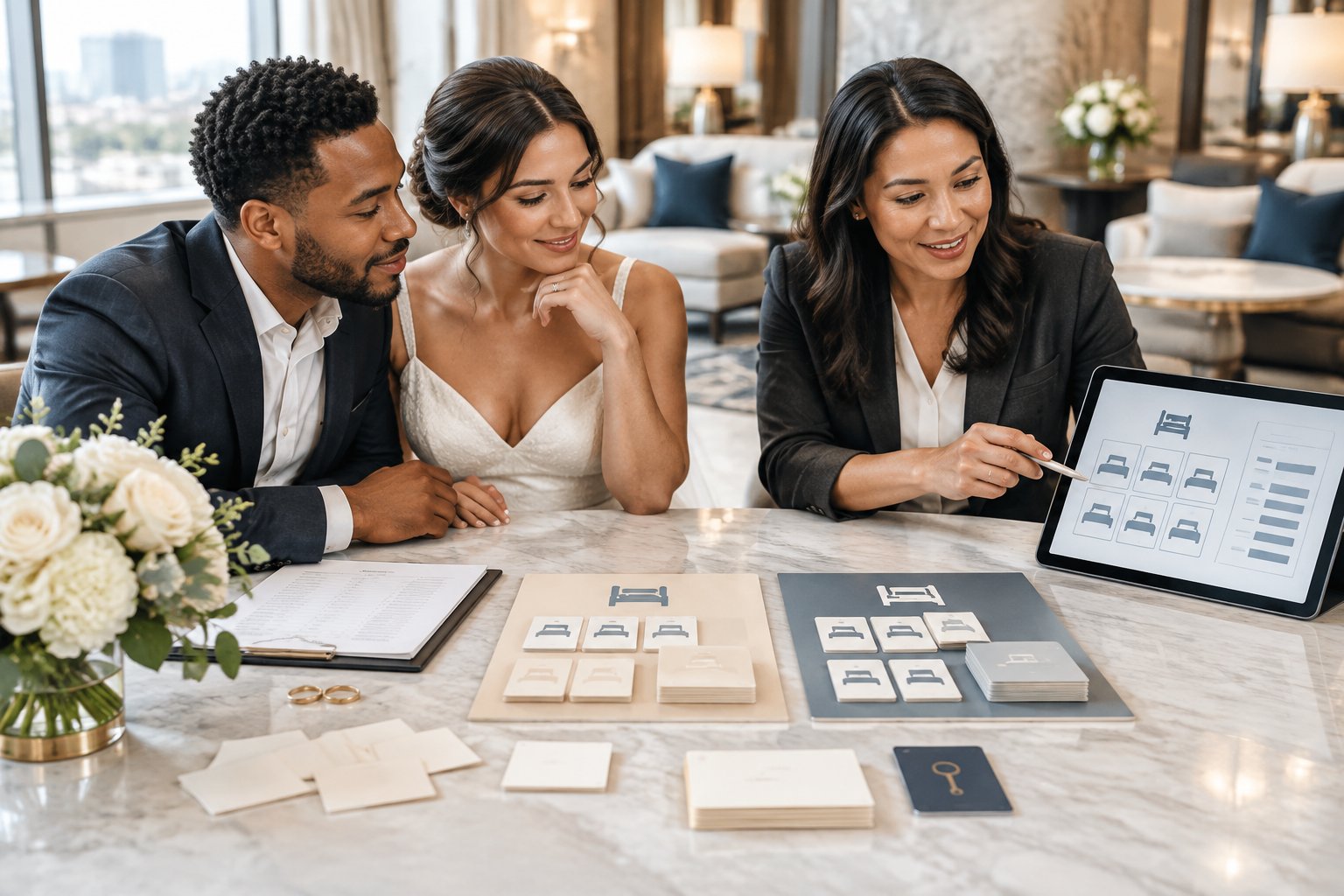 A couple and hotel coordinator compare wedding hotel room-block arrangements at a table in an elegant hotel lobby.