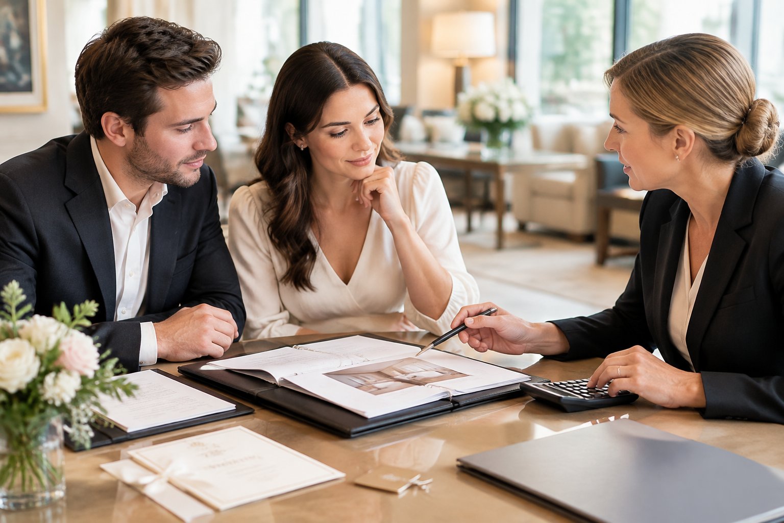 A couple discusses reserving hotel rooms for their wedding with a hotel coordinator at a planning table.