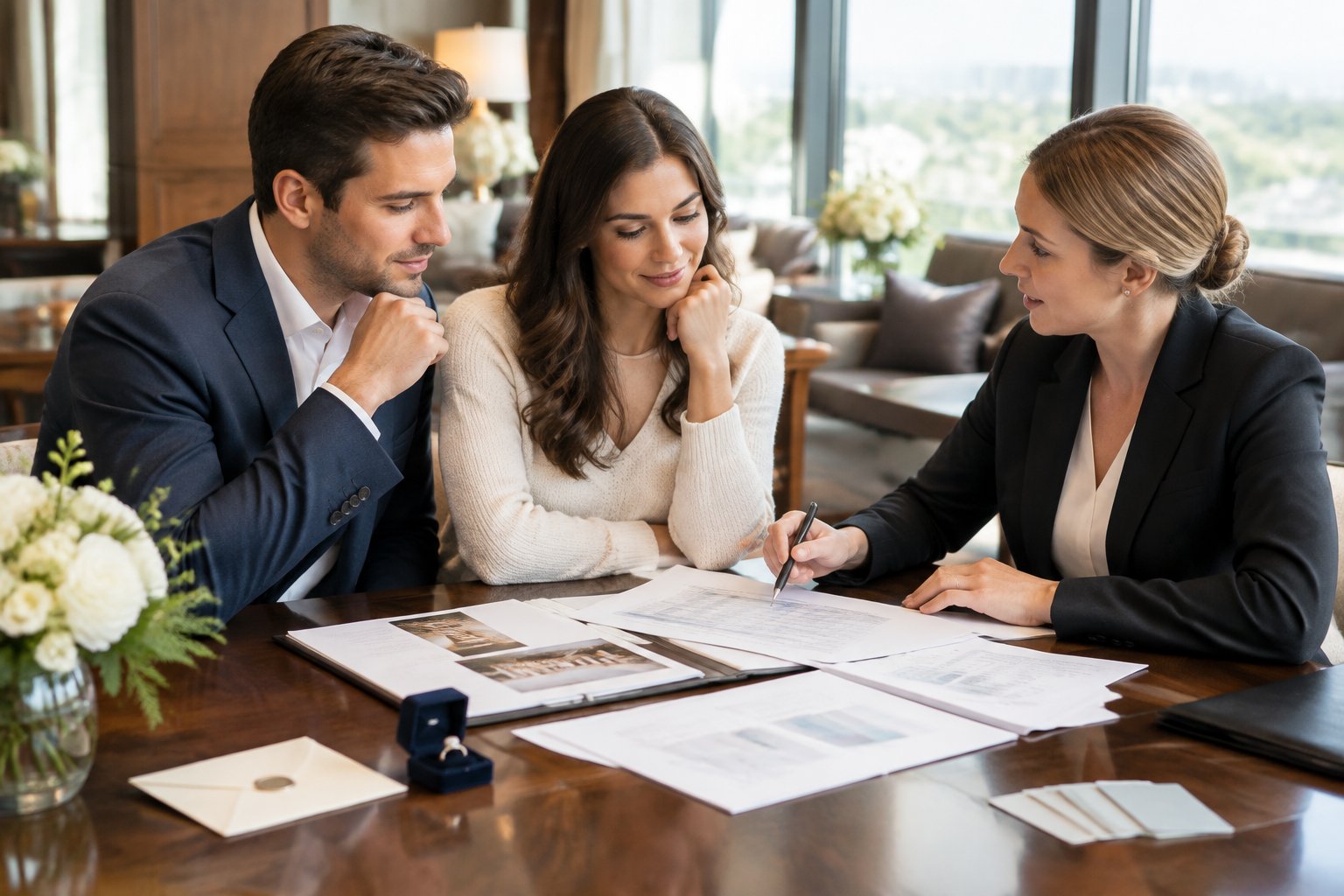 An engaged couple discusses hotel room reservations and paperwork with an events coordinator.