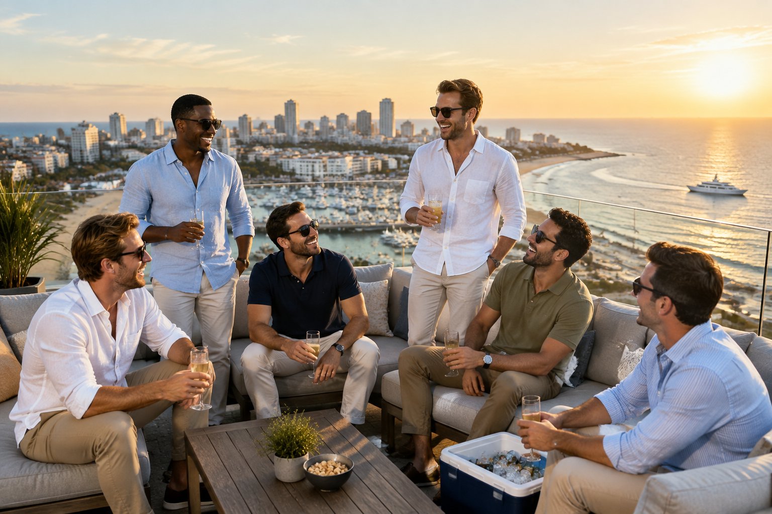 A group of friends celebrating on a rooftop overlooking an Atlantic coastal city, beach, marina, and ocean.