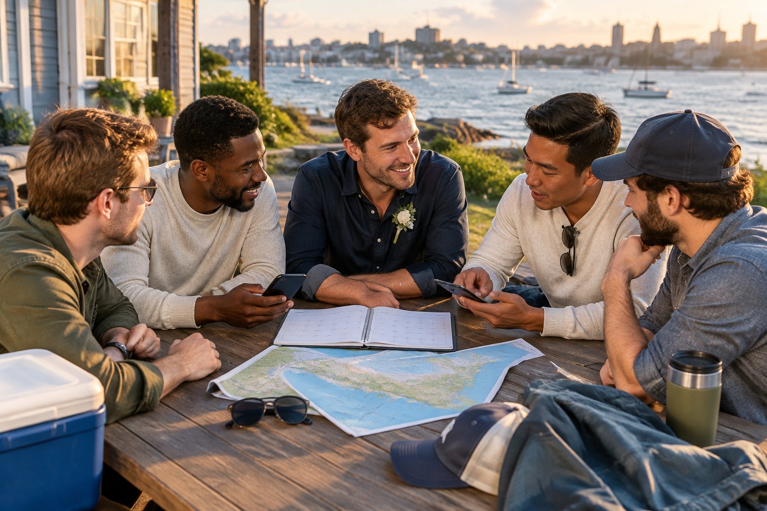 Friends gather at a coastal rental house to plan a bachelor party weekend.