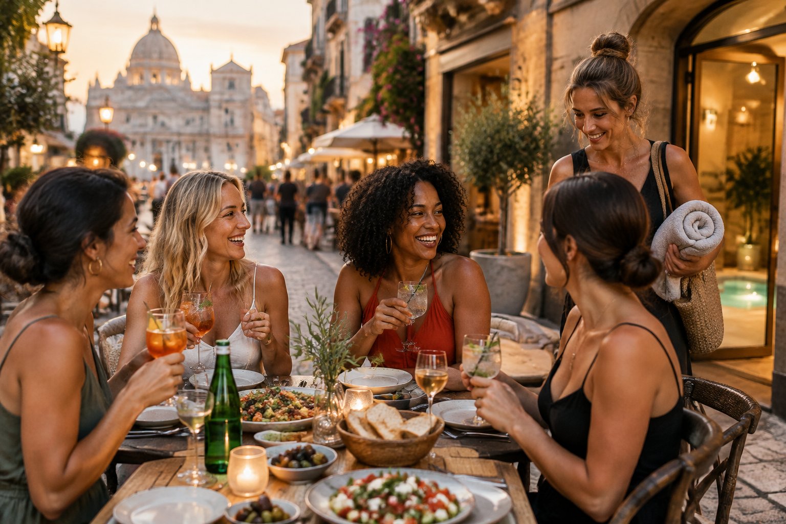 A group of friends sharing food and drinks at an outdoor European café near historic city streets.
