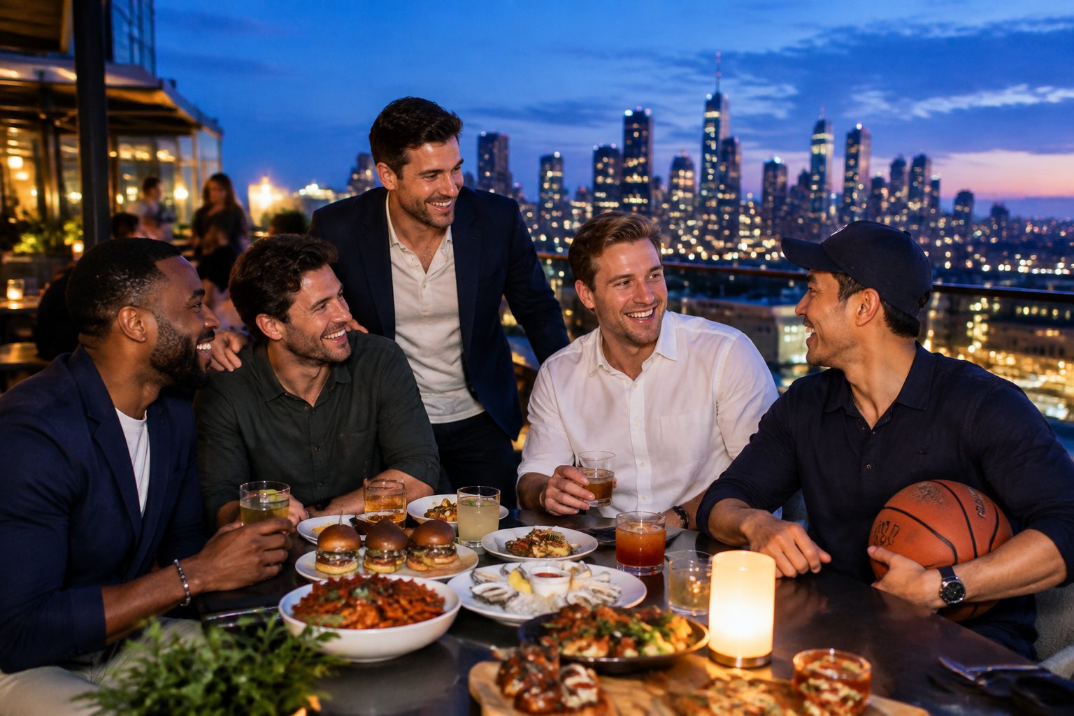 A group of friends enjoys food and drinks on a city rooftop overlooking a glowing skyline.