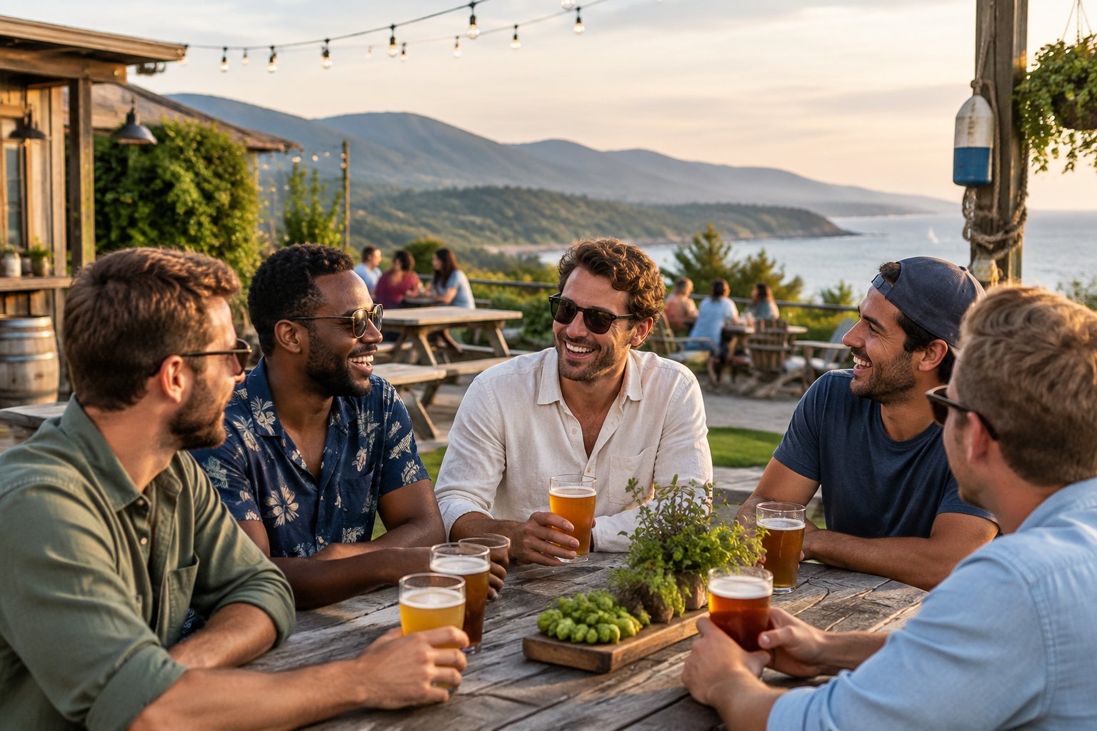 Friends enjoy craft beer at an outdoor brewery patio with mountains and a coastal landscape in the background.