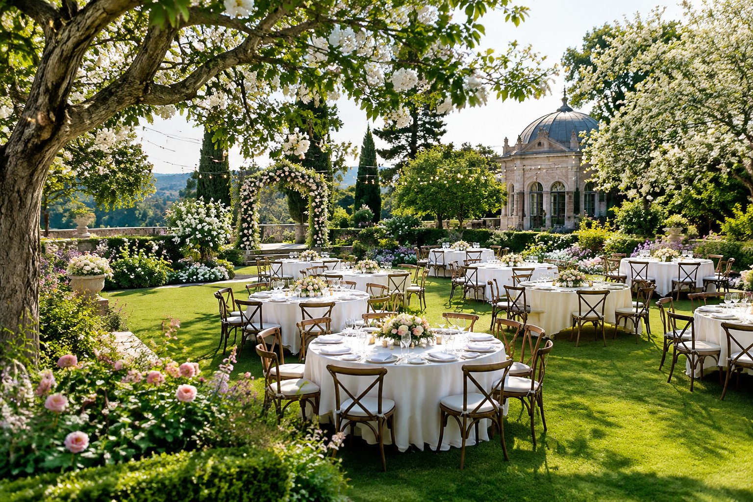 An elegant outdoor wedding reception set in a flowering garden with decorated tables, a floral arch, and string lights.