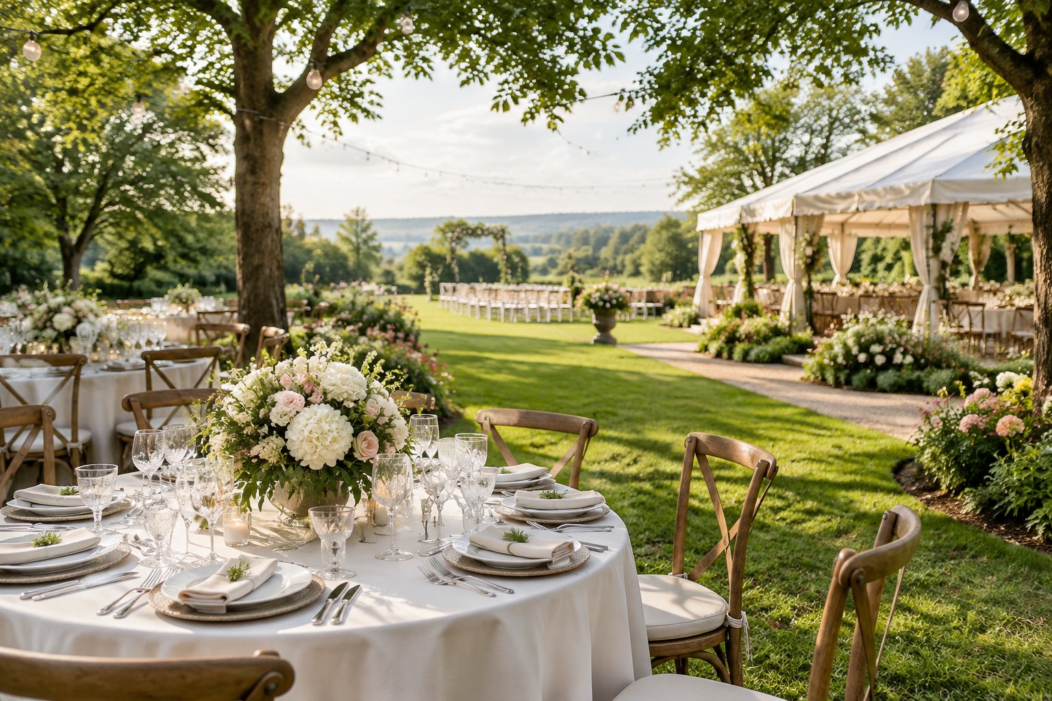 Elegant outdoor wedding reception arranged in a landscaped garden with decorated tables, flowers, and a pavilion.