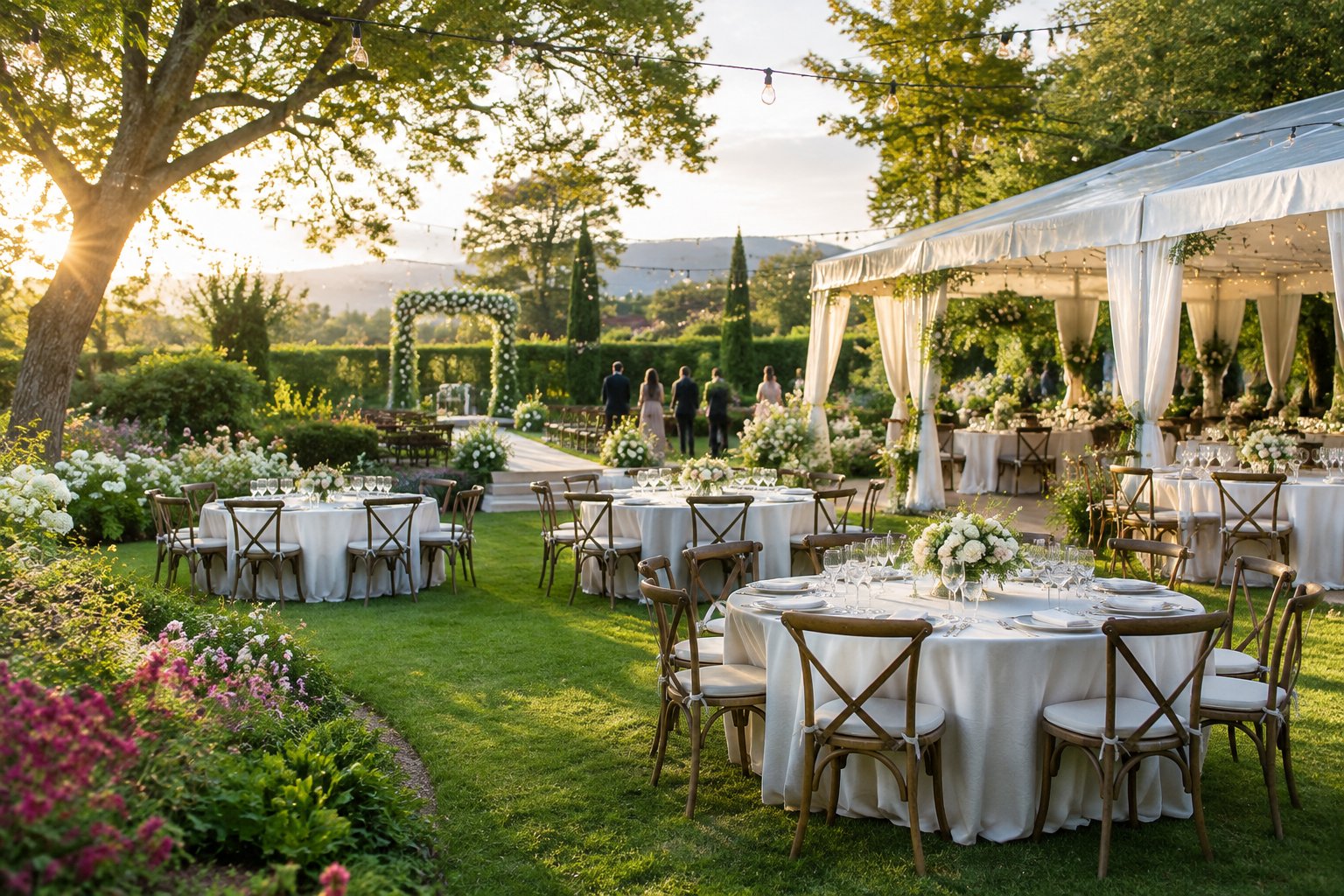 An elegant outdoor wedding reception set in a blooming garden with decorated tables and a ceremony area.