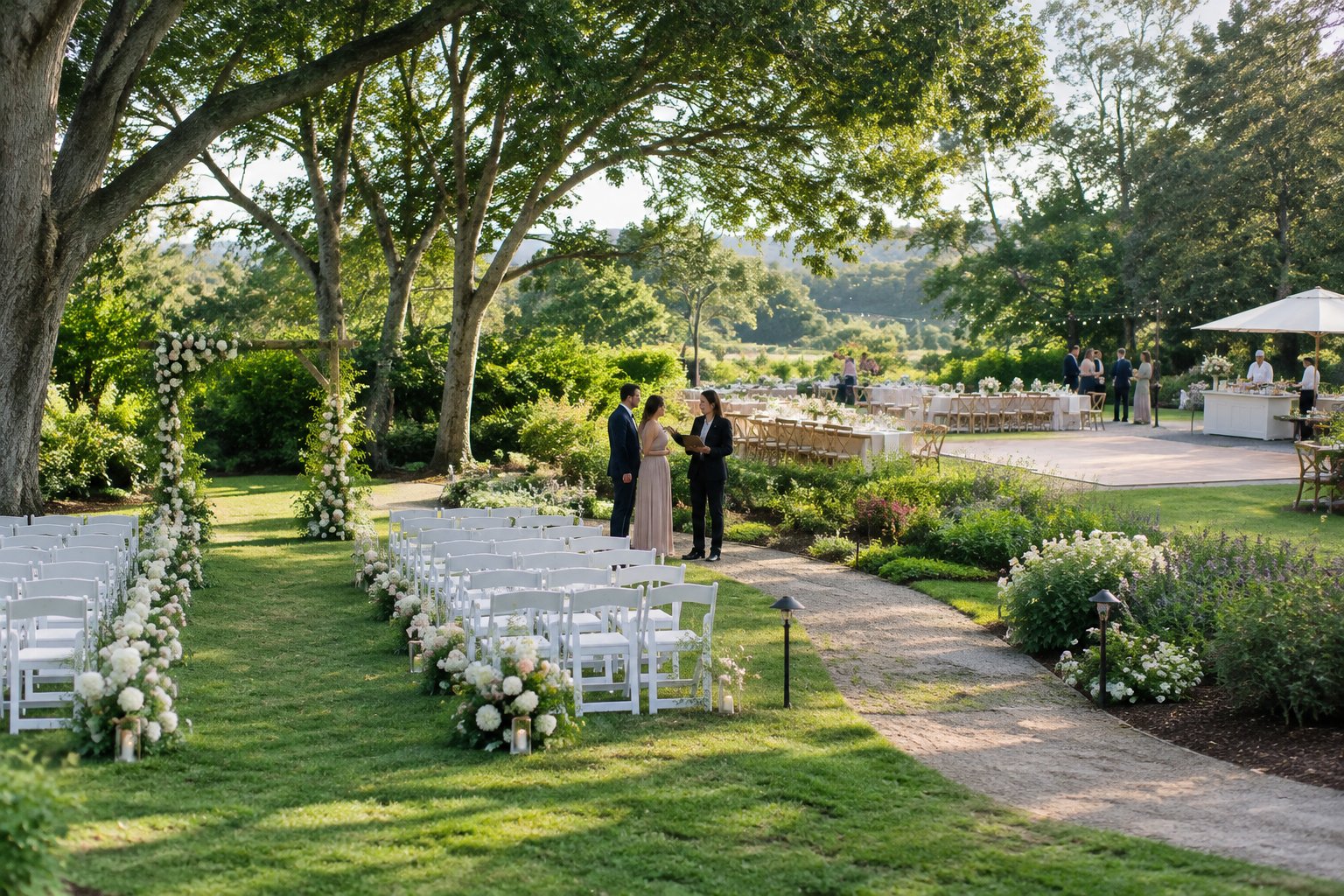 A garden wedding venue shows a ceremony area leading into an elegantly arranged outdoor reception.