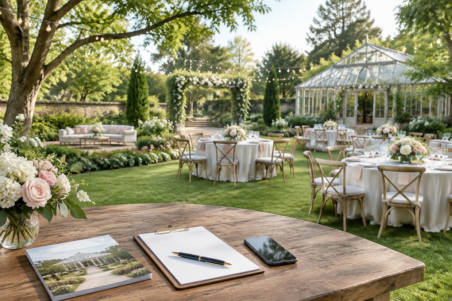 A decorated garden wedding reception space with tables, flowers, and planning materials in the foreground.