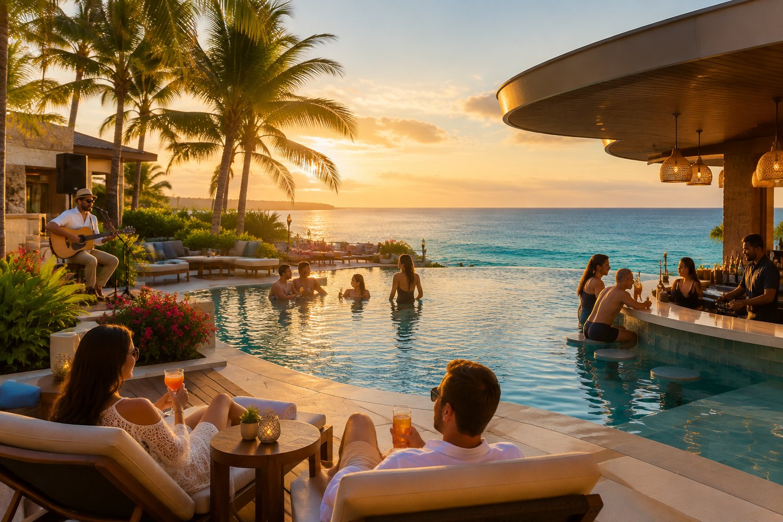 Adults relaxing around an infinity pool at a tropical all-inclusive resort overlooking the ocean.
