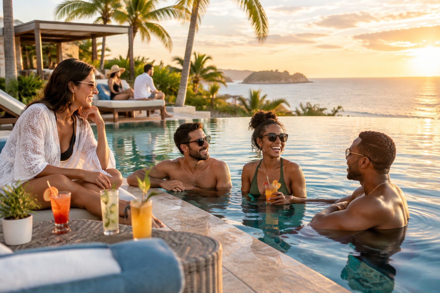 A diverse group of adults laughing and relaxing together at a luxurious tropical resort pool overlooking the ocean.