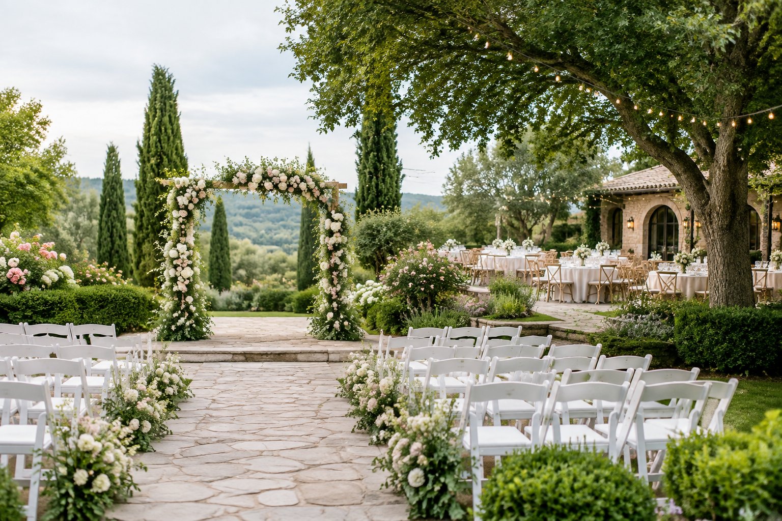 An elegant outdoor wedding ceremony and reception area surrounded by lush gardens and flowering plants.