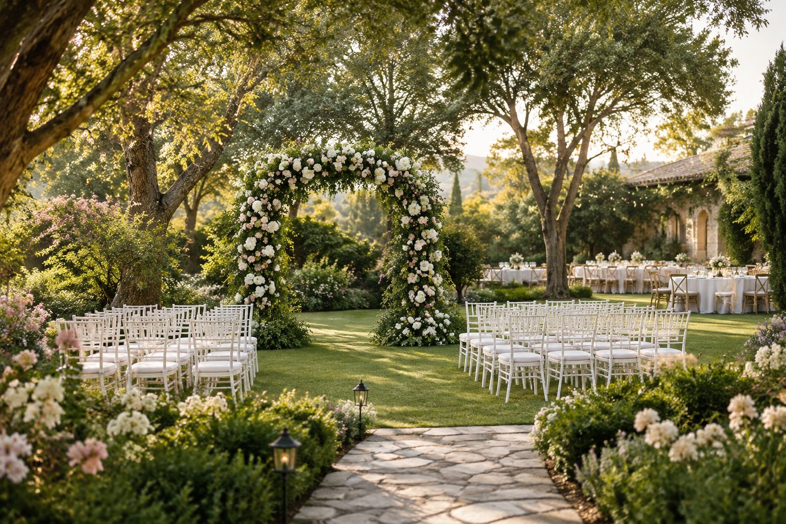 An elegant outdoor wedding ceremony area surrounded by lush gardens, with a flower-covered arch, white chairs, and a softly lit reception space.