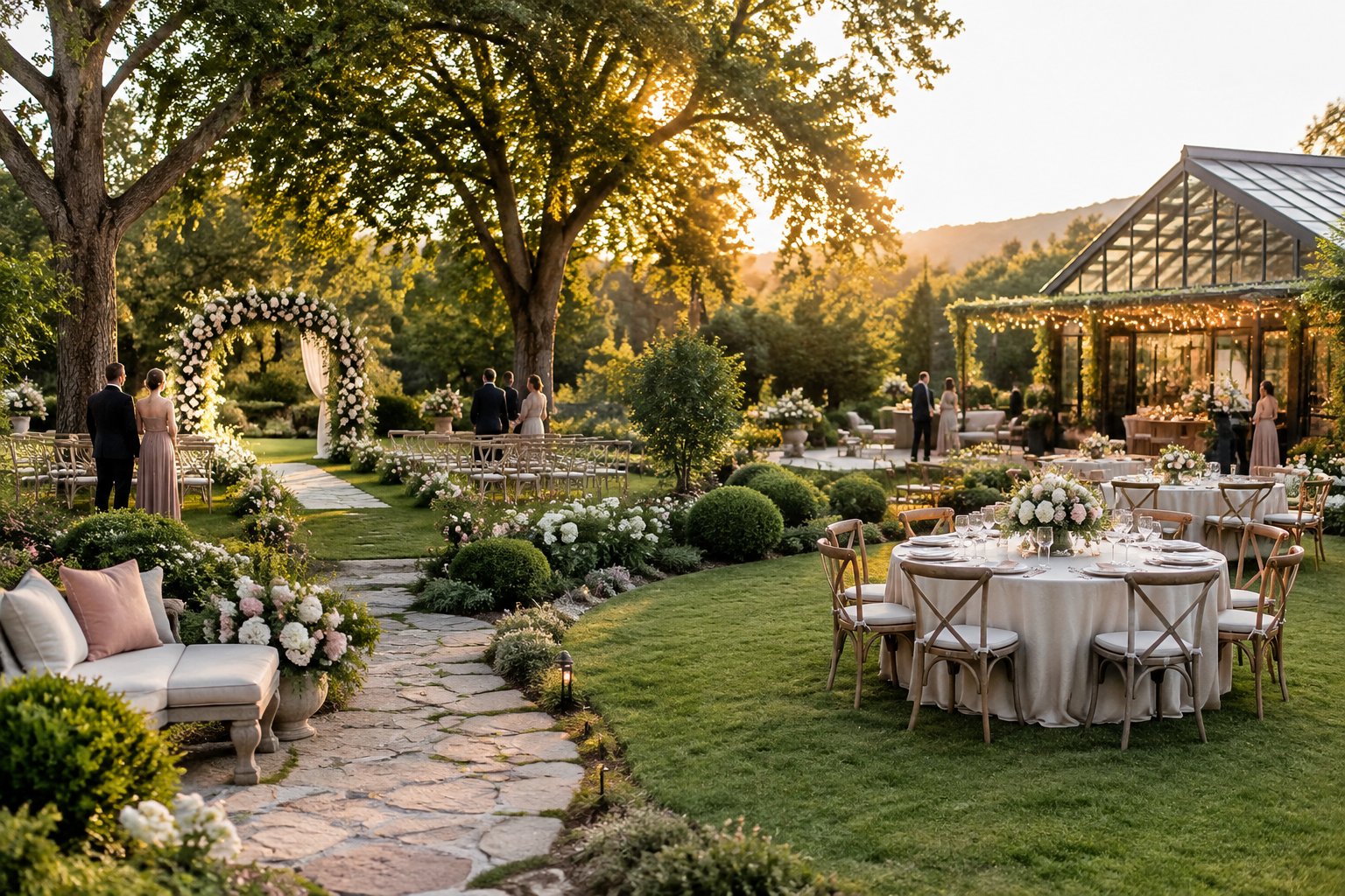 An elegant garden wedding venue with a floral ceremony arch, outdoor dining area, and lush landscaping.