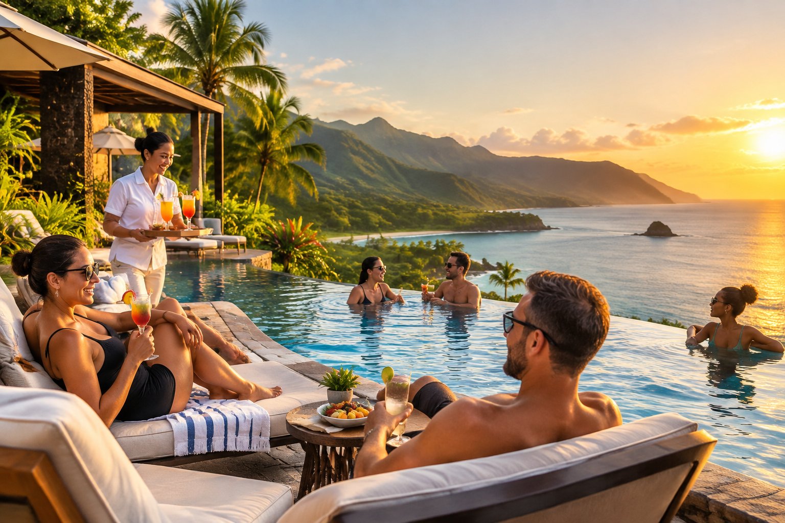 Adults enjoying a stylish resort pool overlooking a scenic U.S. coastline.
