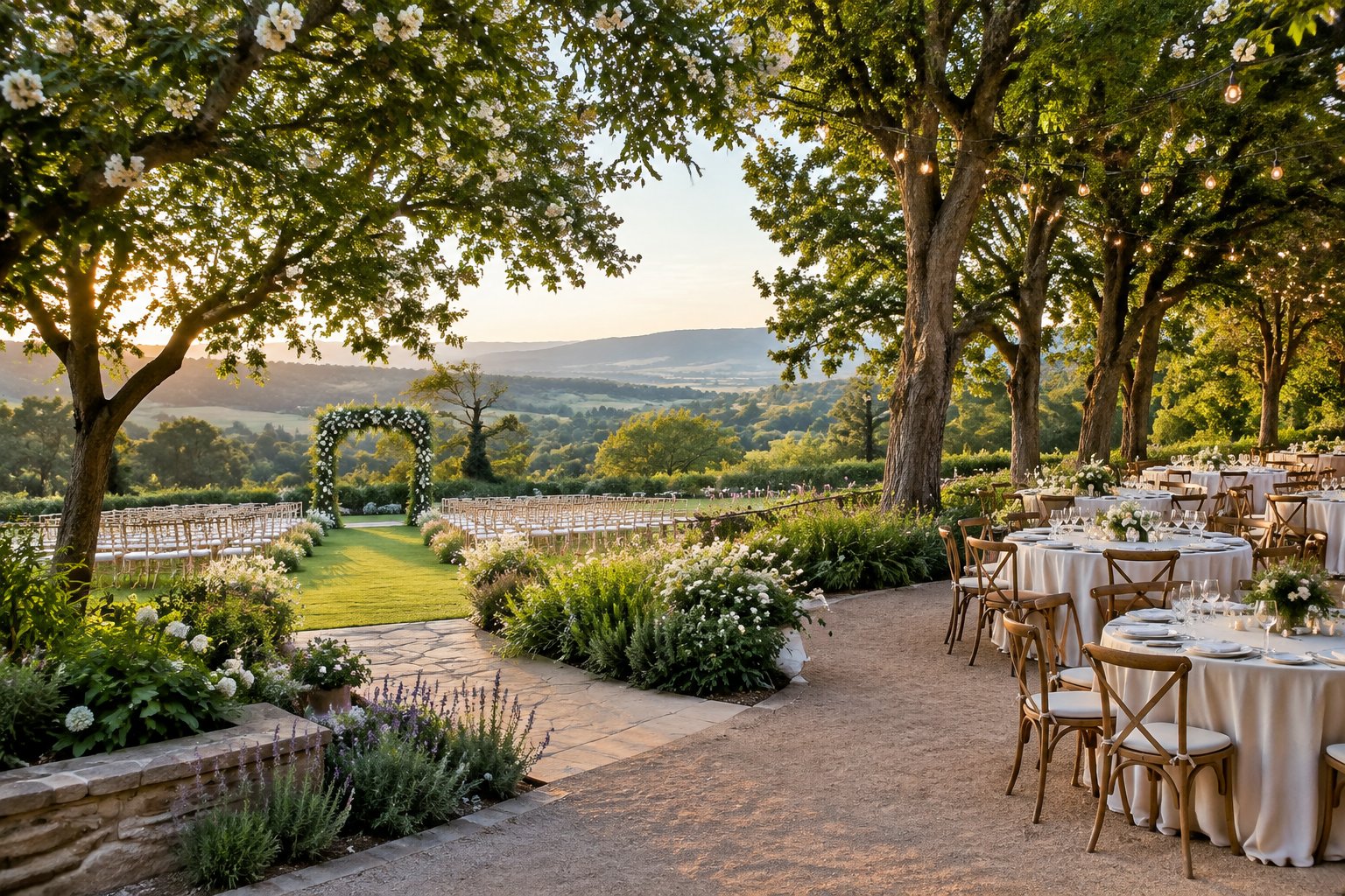 An outdoor wedding ceremony and reception arranged among flowering trees, green lawns, and landscaped gardens.