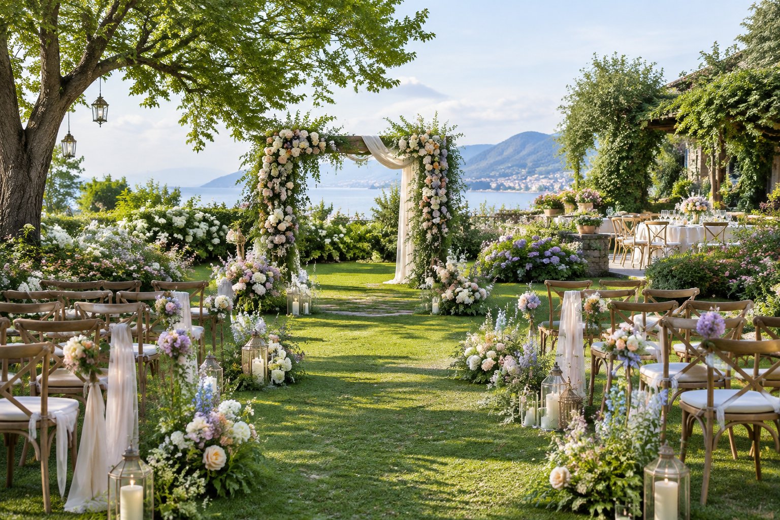A garden wedding venue decorated with colorful flowers, greenery, elegant chairs, and romantic reception details.