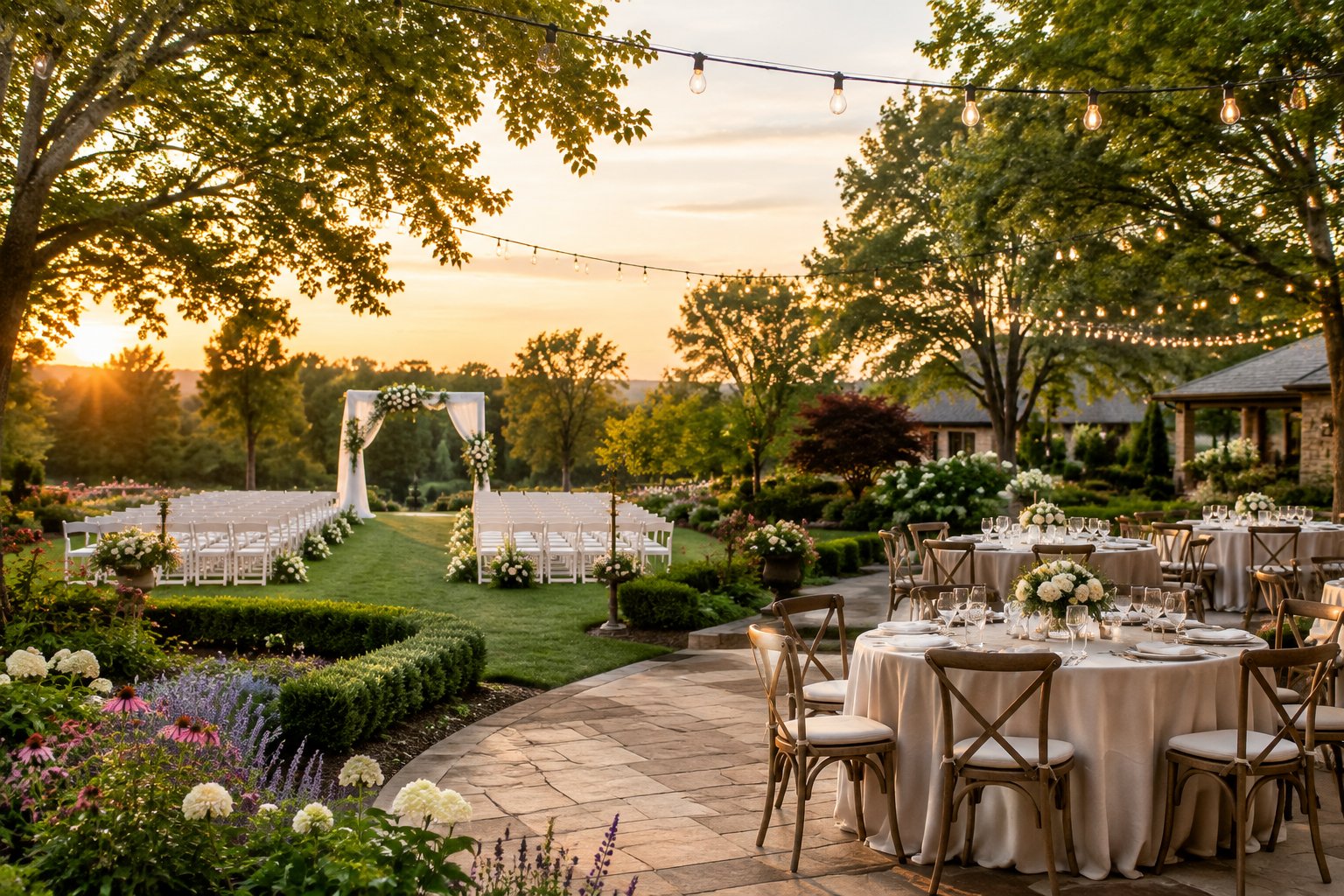 An elegant garden wedding venue with a floral ceremony arch, white chairs, reception tables, and landscaped grounds.