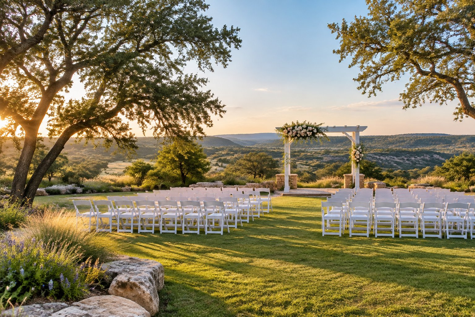An elegant outdoor wedding ceremony setup in a landscaped Texas Hill Country garden.