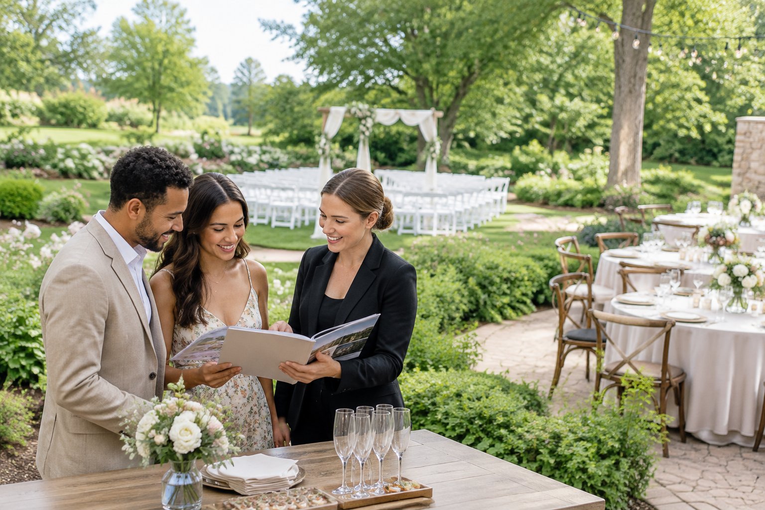 A couple compares wedding venue options with a coordinator in a landscaped garden wedding venue.