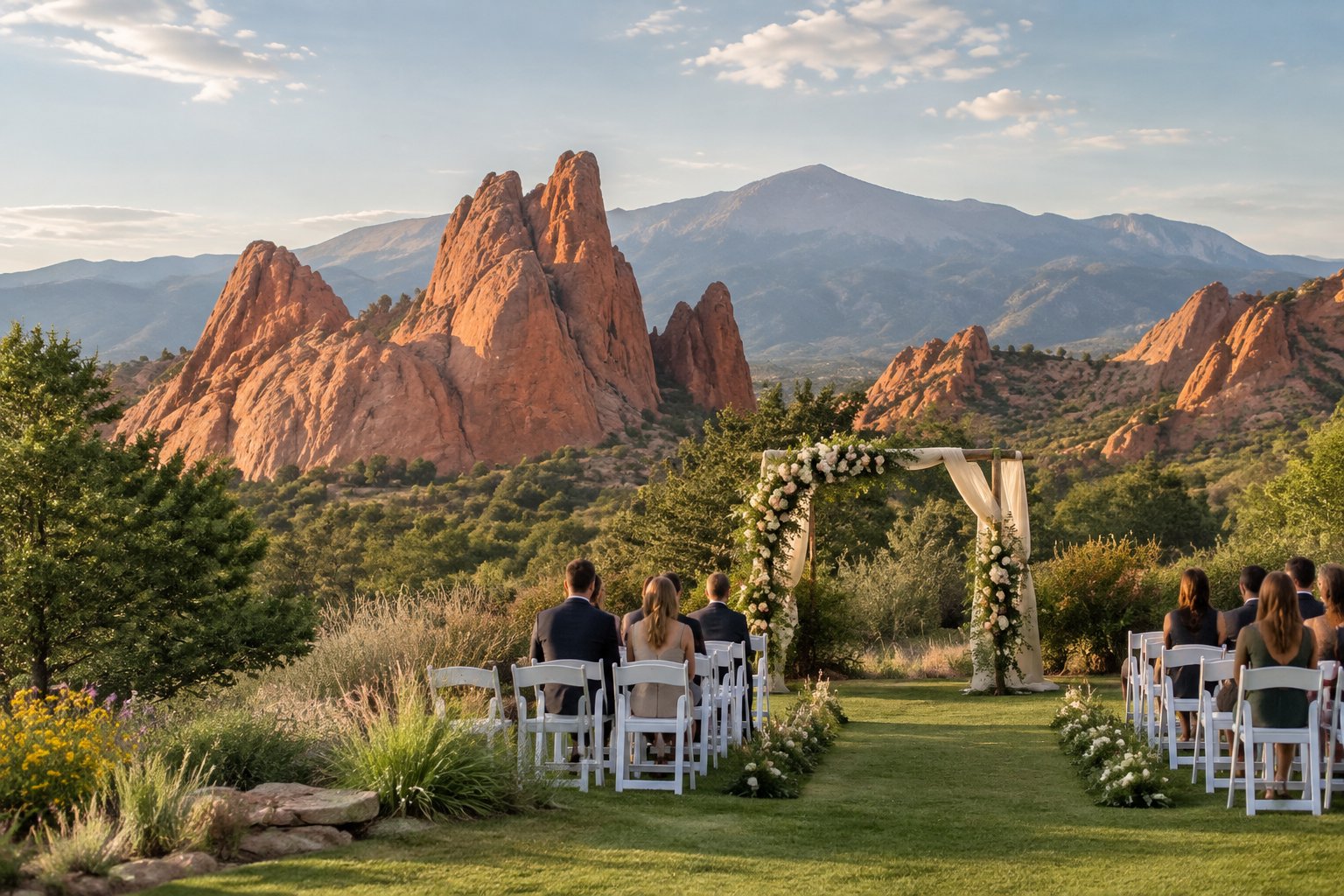 An elegant outdoor wedding ceremony setup on a meadow with red sandstone rock formations and mountains in the background.